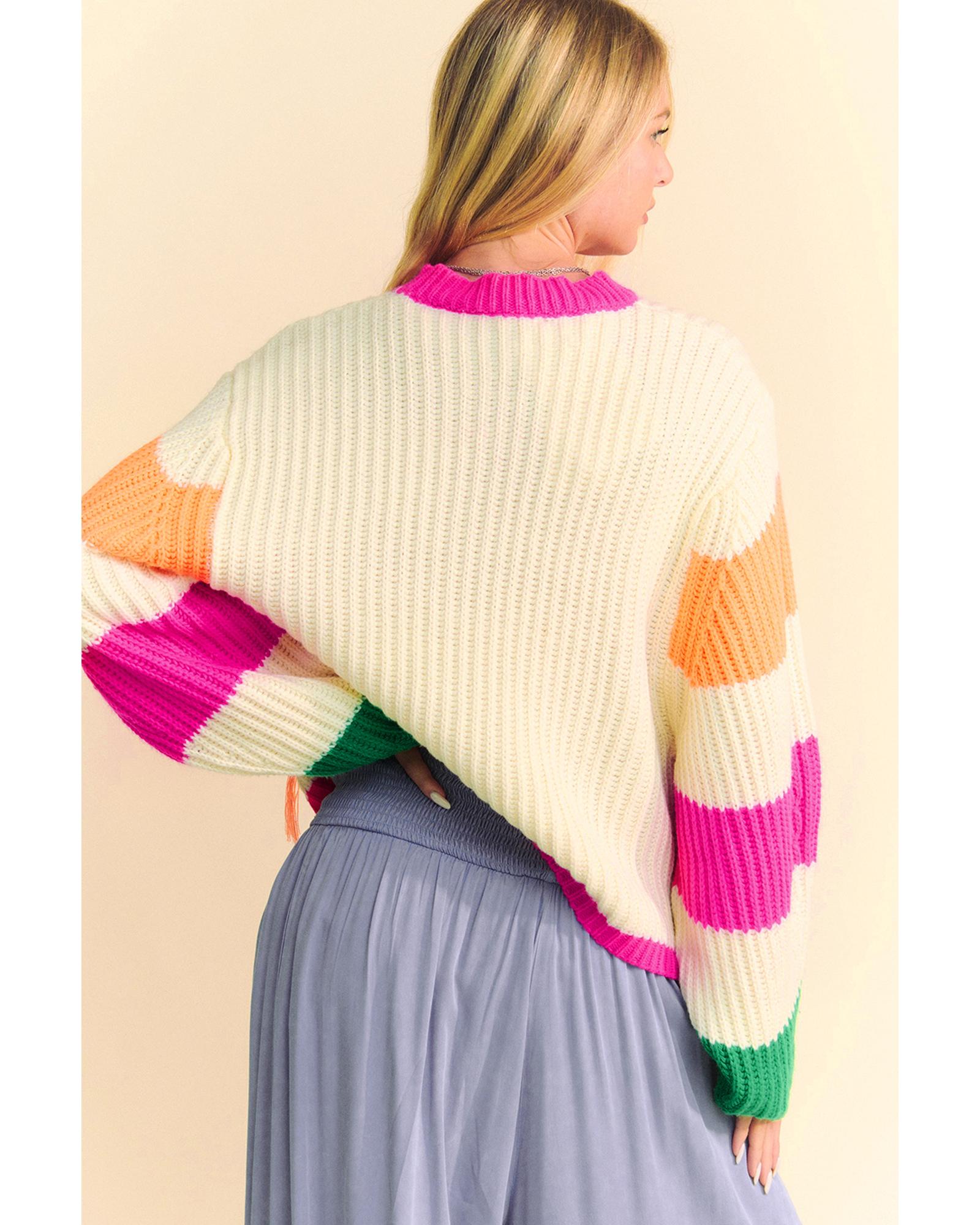 V539-AZEXDC2725756-P1522-XL-202508300535-00 Beige Colorblock Flower Print Cable Knit Loose Sweater - XL - Image 1