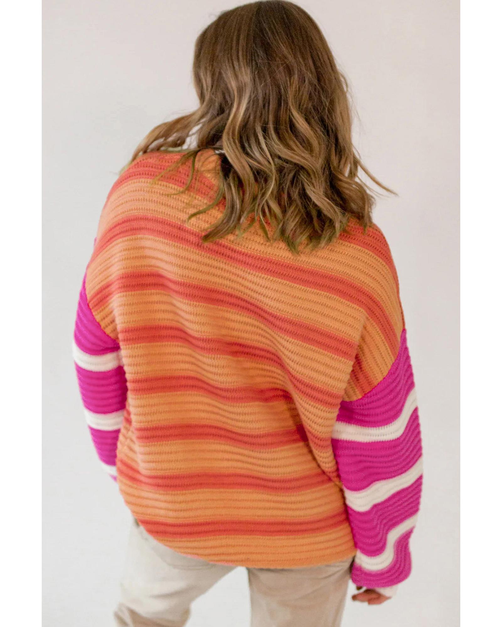 V539-AZEXDC2725760-P1419-S-202506140554-00 Orange Stripe Colorblock Crew Neck Drop Shoulder Loose Sweater - S - Image 1