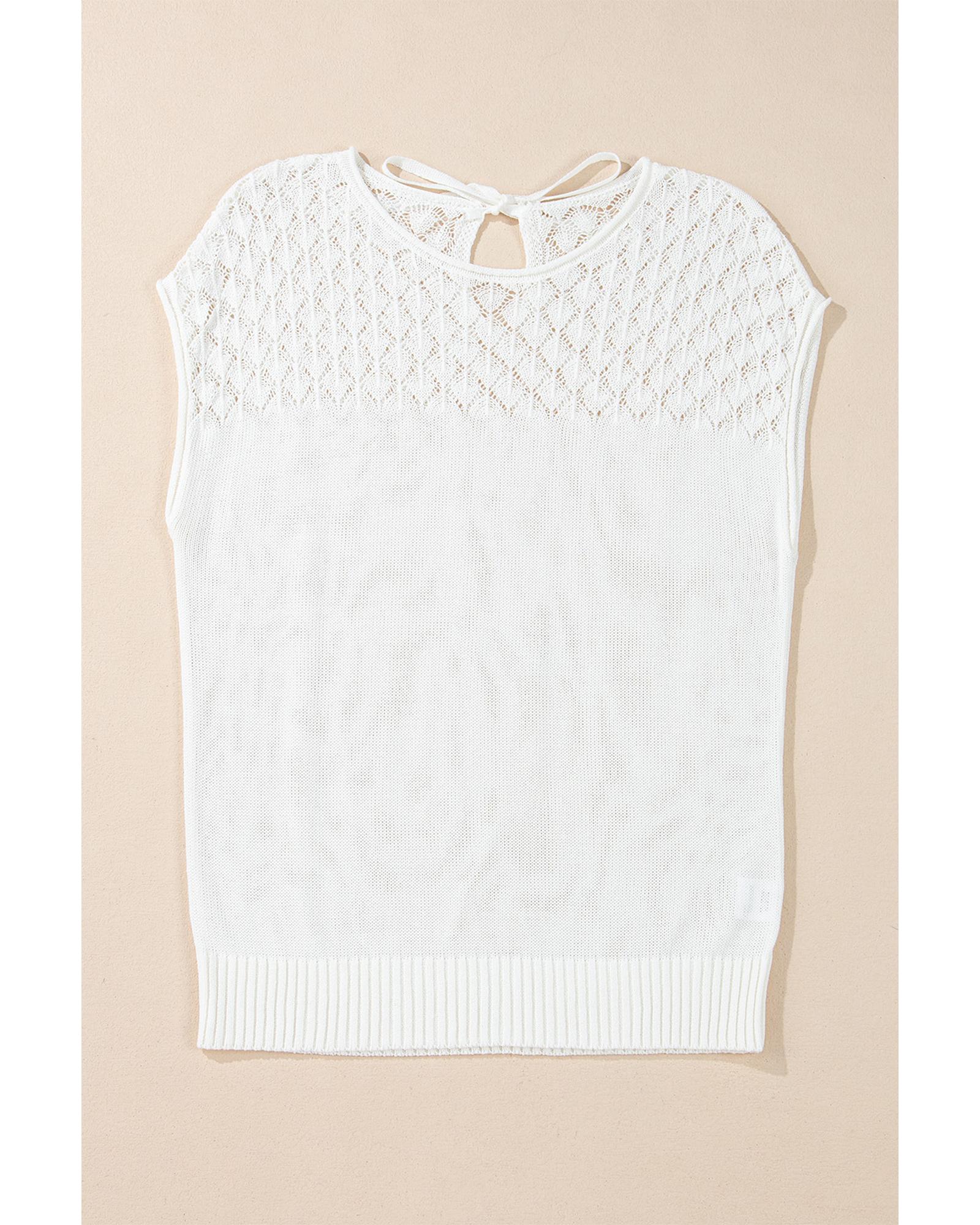 V539-AZEXDC2725777-P1-L-202508282105-00 White Eyelet Knit Tied Back Short Sleeve Sweater - L - Image 1