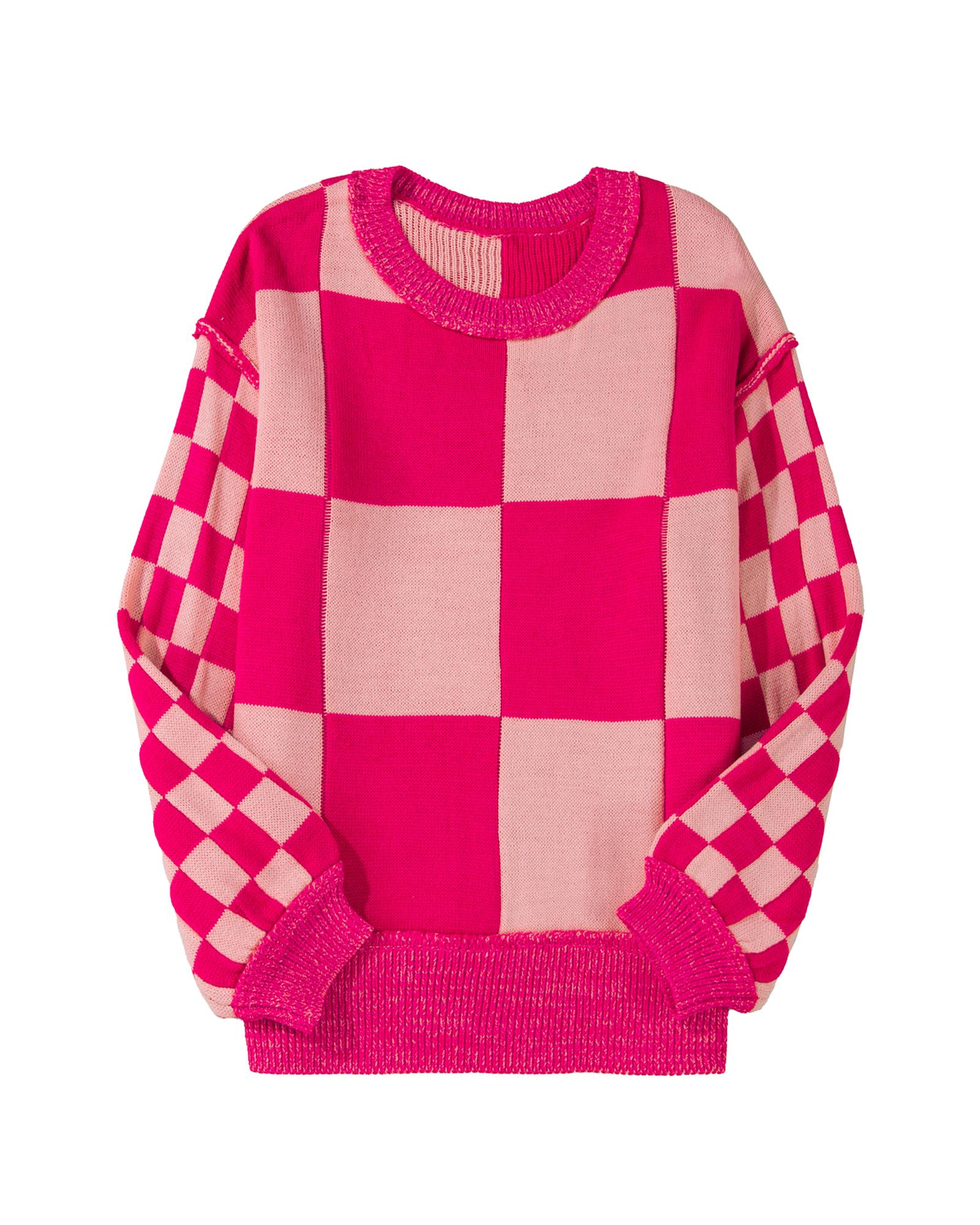 V539-AZEXDC2725852-P622-S-202506140631-00 Rose Red Mixed Checkered Pattern Drop Shoulder Loose Sweater - S - Image 1