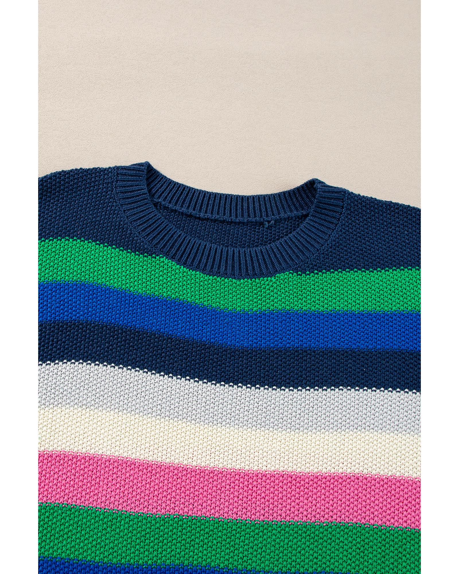 V539-AZEXDC2725887-P109-L-202508300120-00 Bright Green Rainbow Striped Crew Neck Drop Shoulder Sweater - L - Image 1