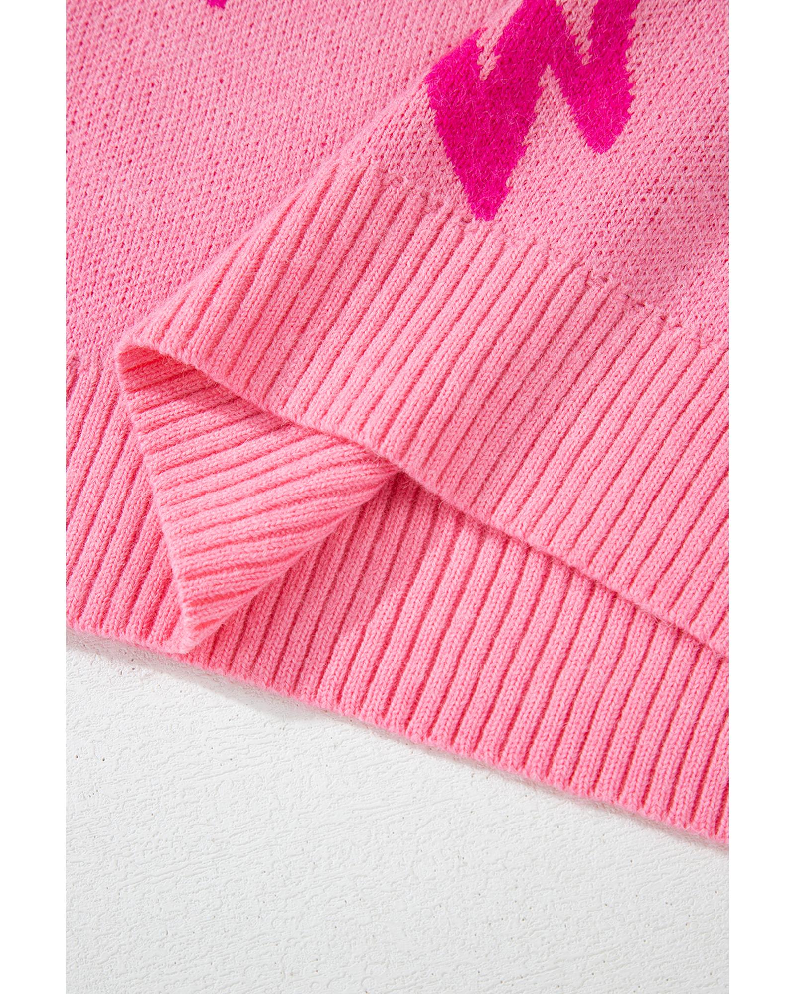 V539-AZEXDC2725970-P10-XL-202508300140-00 Pink Bow Pattern Drop Shoulder Loose Sweater - XL - Image 1