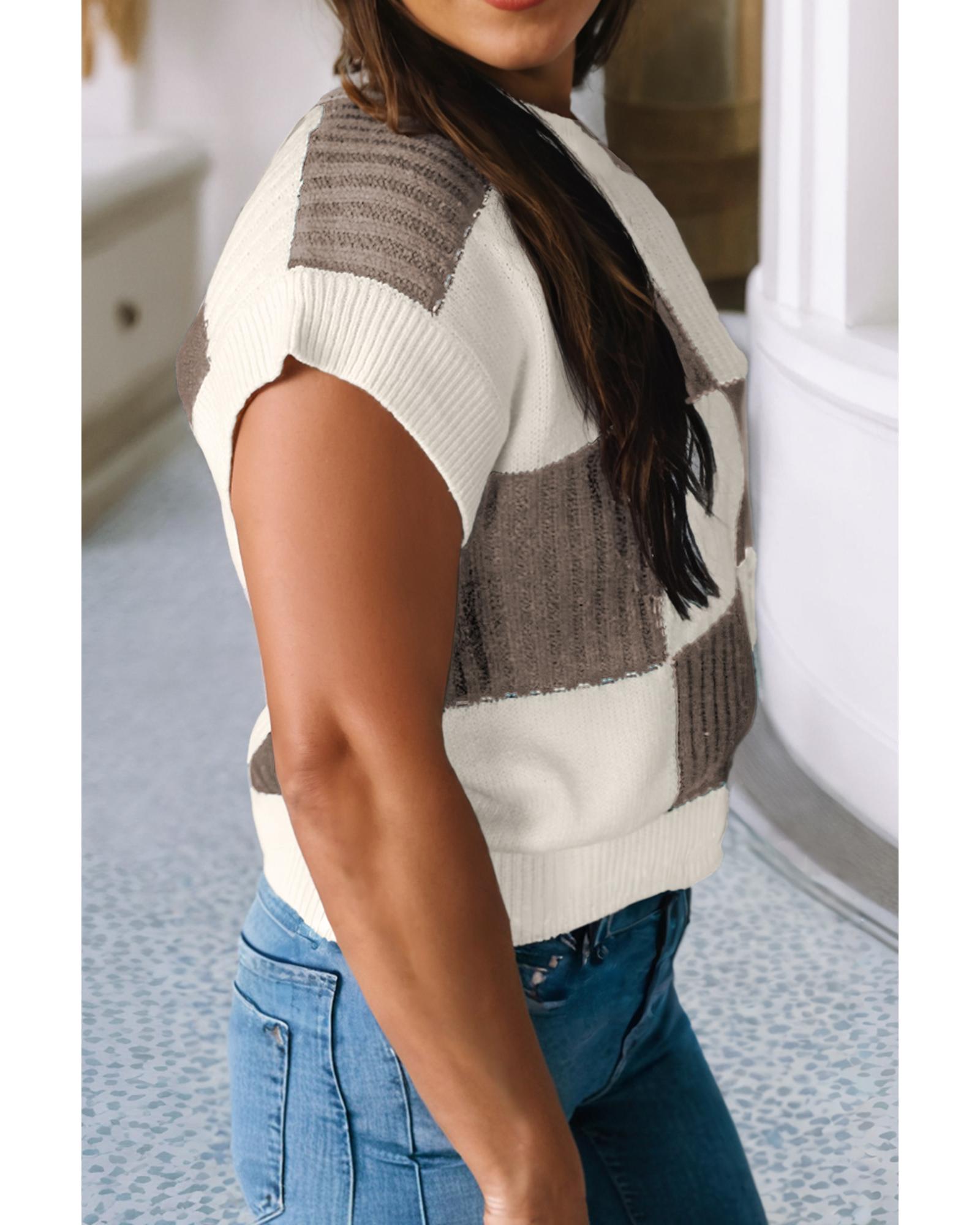 V539-AZEXDC2725991-P1622-XL-202508280040-00 Khaki Checkered Color Block Crew Neck Short Sleeve Sweater - XL - Image 1