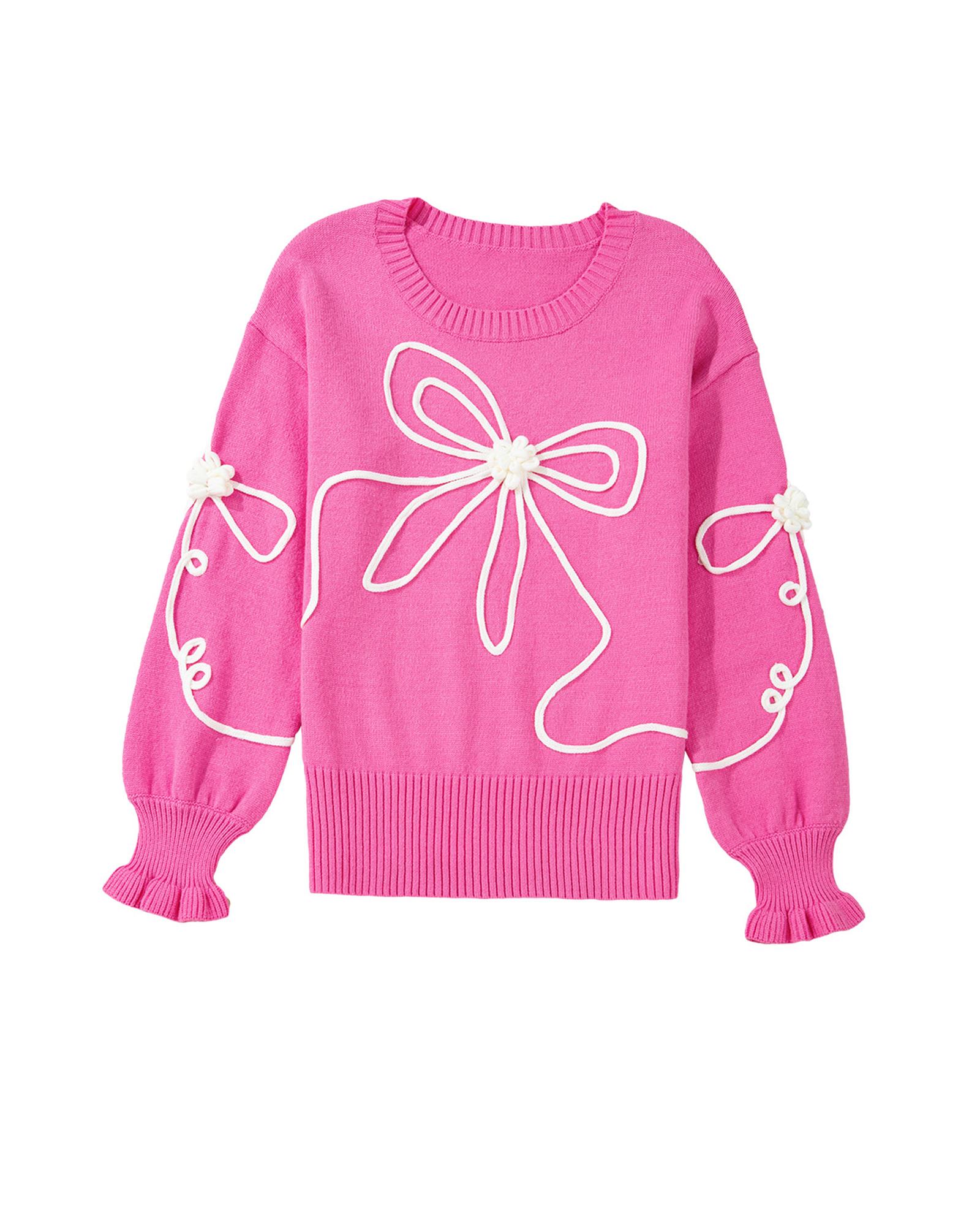 V539-AZEXDC2725998-P106-M-202508281855-00 Bright Pink Corded Flower Bow Ribbed Trim Casual Sweater - M - Image 1