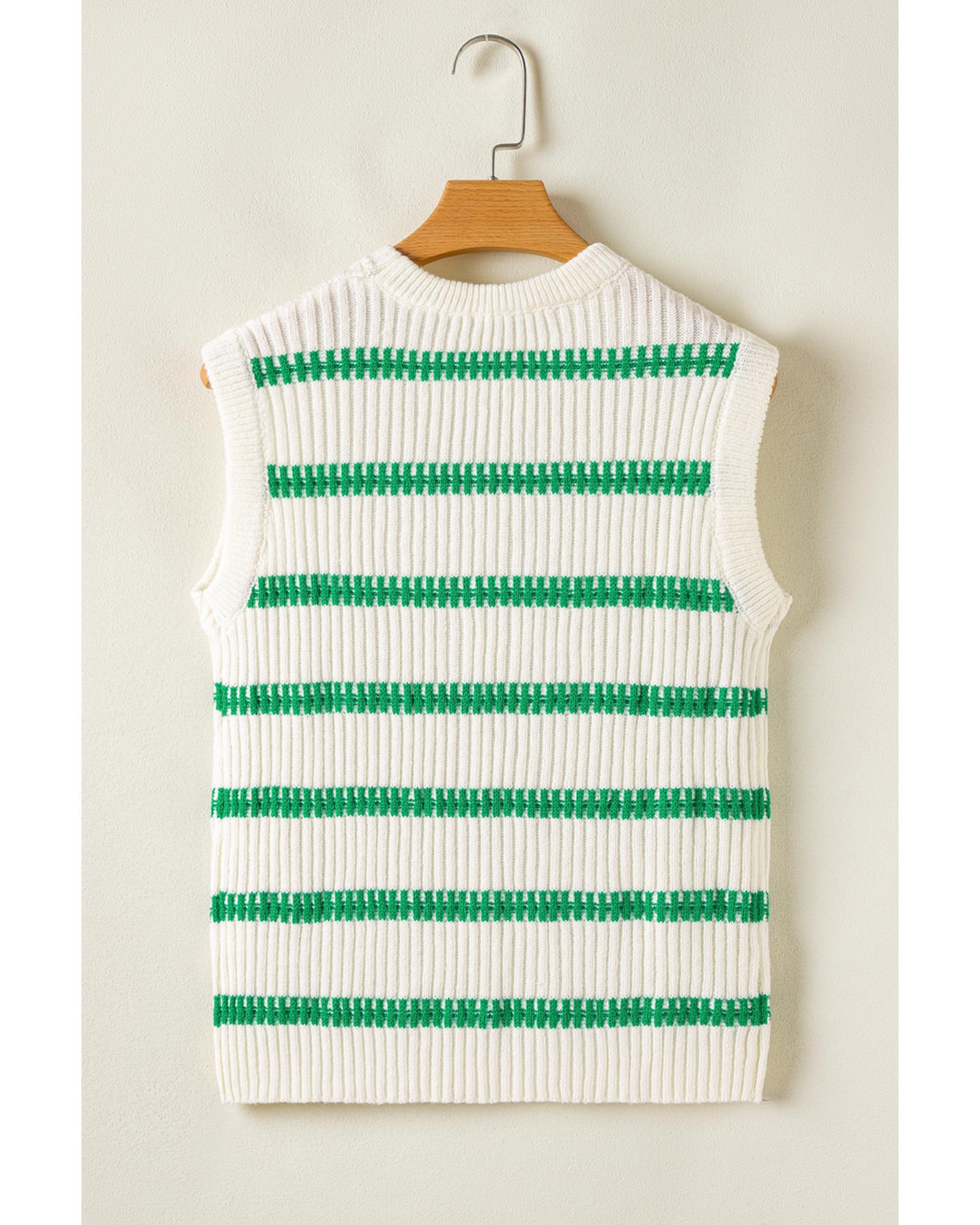 V539-AZEXDC2726148-P109-S-202508280100-00 Bright Green Striped Round Neck Casual Sweater Vest - S - Image 1