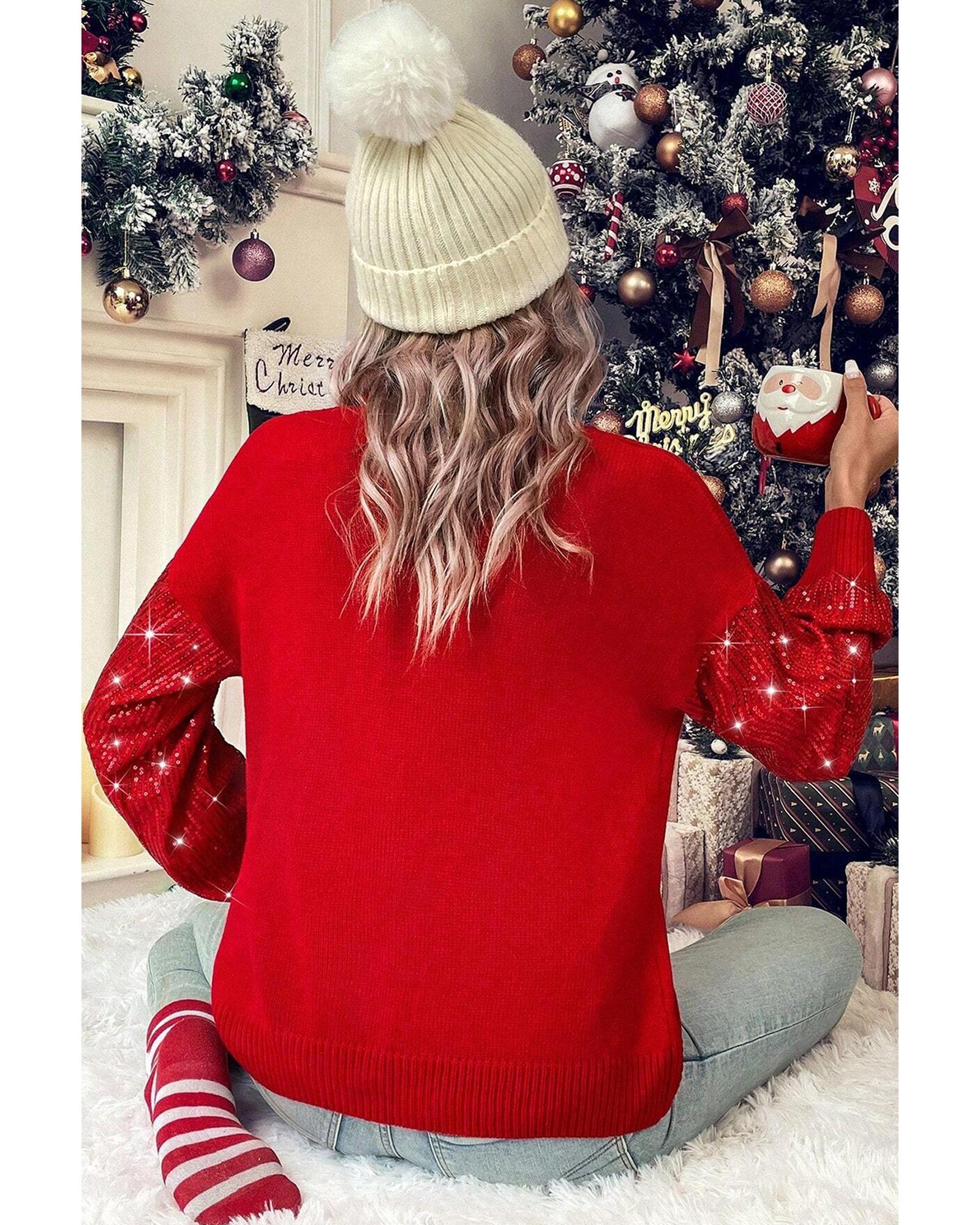 V539-AZEXDC2726195-P603-L-202508280950-00 Racing Red Merry Graphic Sequin Sleeves Christmas Turtleneck Sweater - L - Image 1