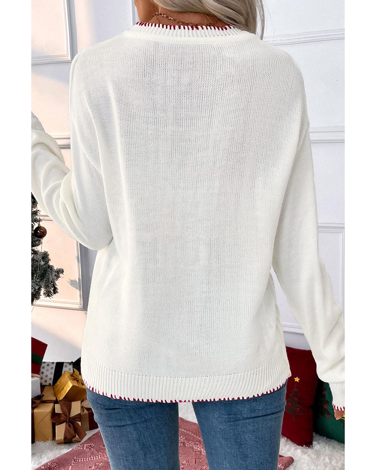 V539-AZEXDC2726212-P1-M-202508290150-00 White Bow Pattern Contrast Trim Christmas Loose Graphic Sweater - M - Image 1
