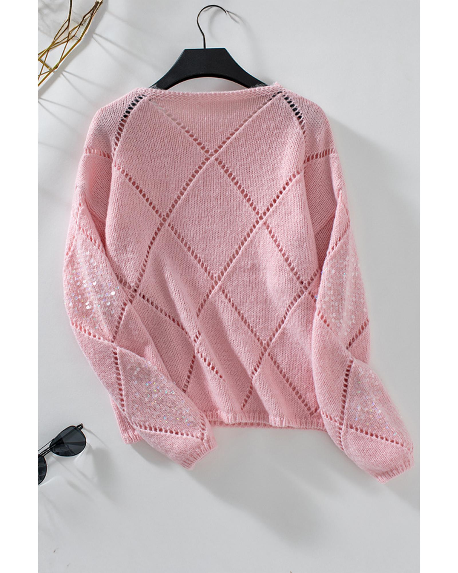 V539-AZEXDC2726215-P1010-L-202508291700-00 Light Pink Hollowed Rhombus Pattern Sequin Detail Round Neck Sweater - L - Image 1