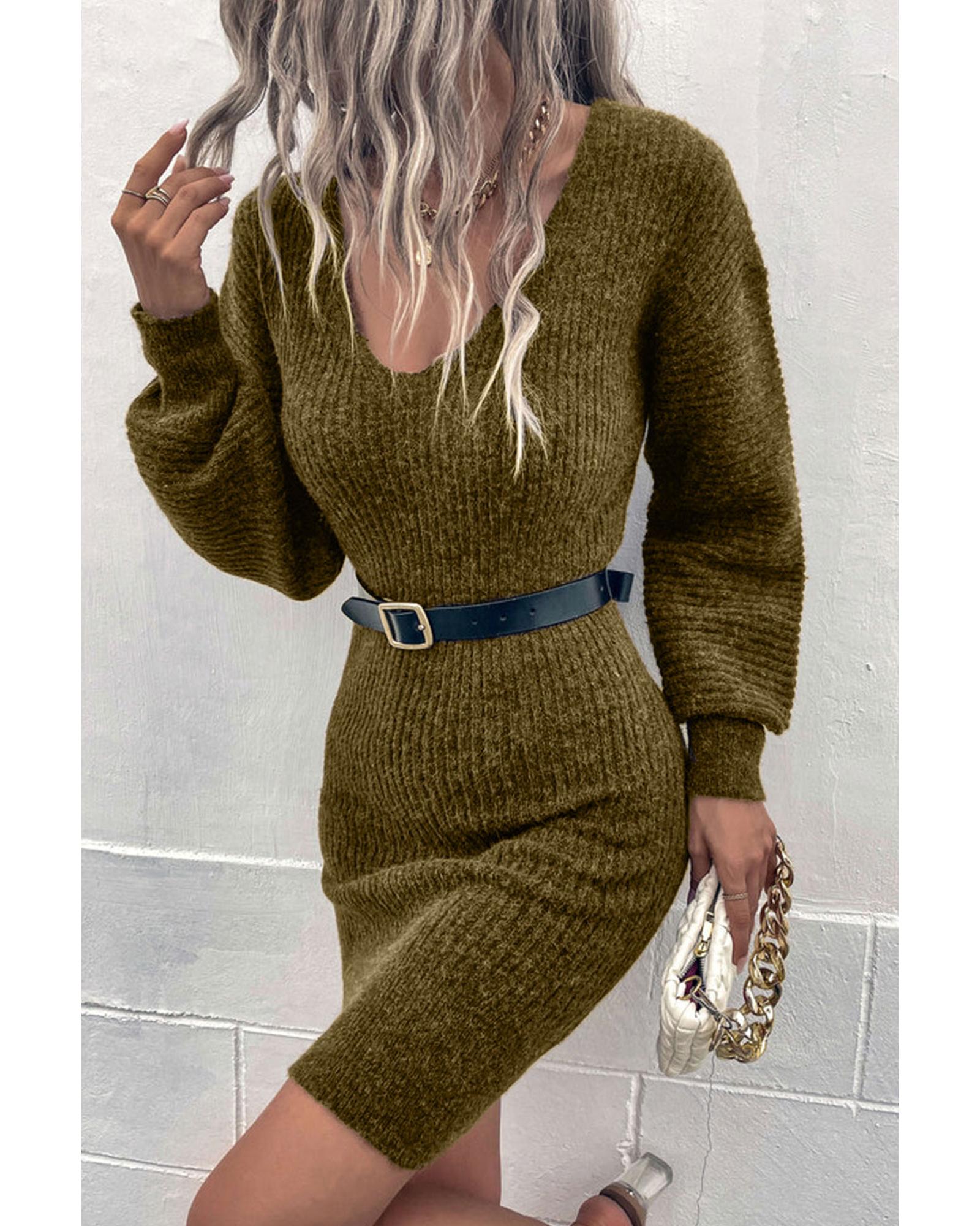 V539-AZEXDC273474-9-M-202508281815-00 Green V Neck Bodycon Sweater Dress - M - Image 1