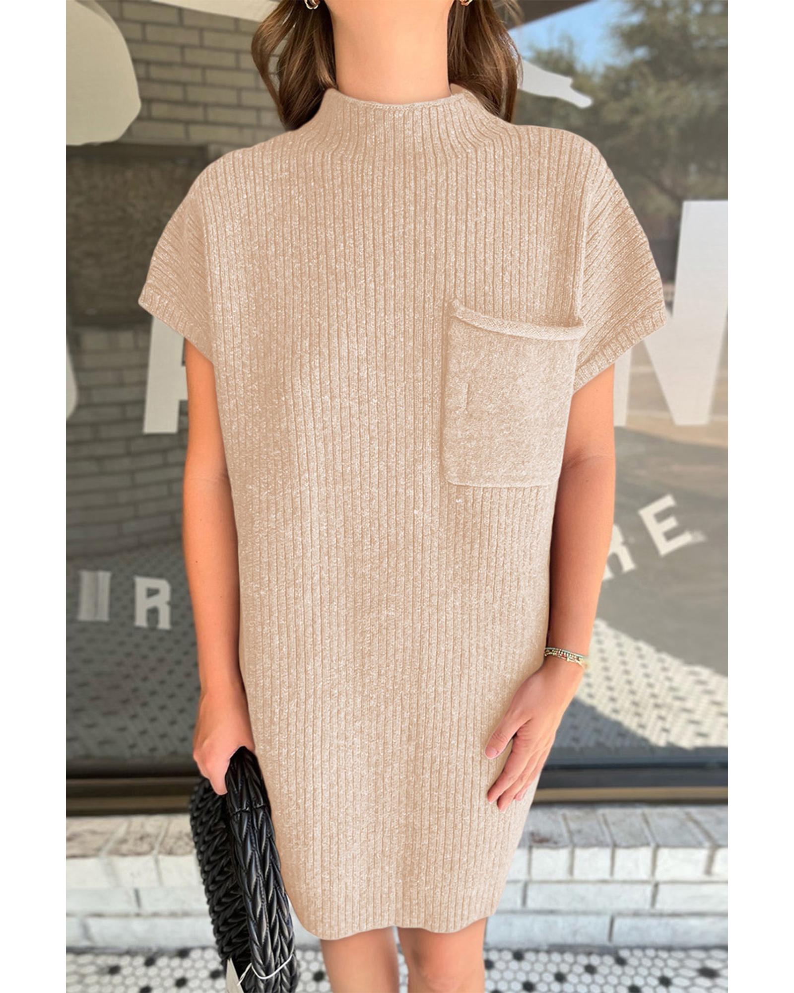 V539-AZEXDC273653-P1015-XL-202508291955-00 Oatmeal Patch Pocket Ribbed Knit Short Sleeve Sweater Dress - XL - Image 1