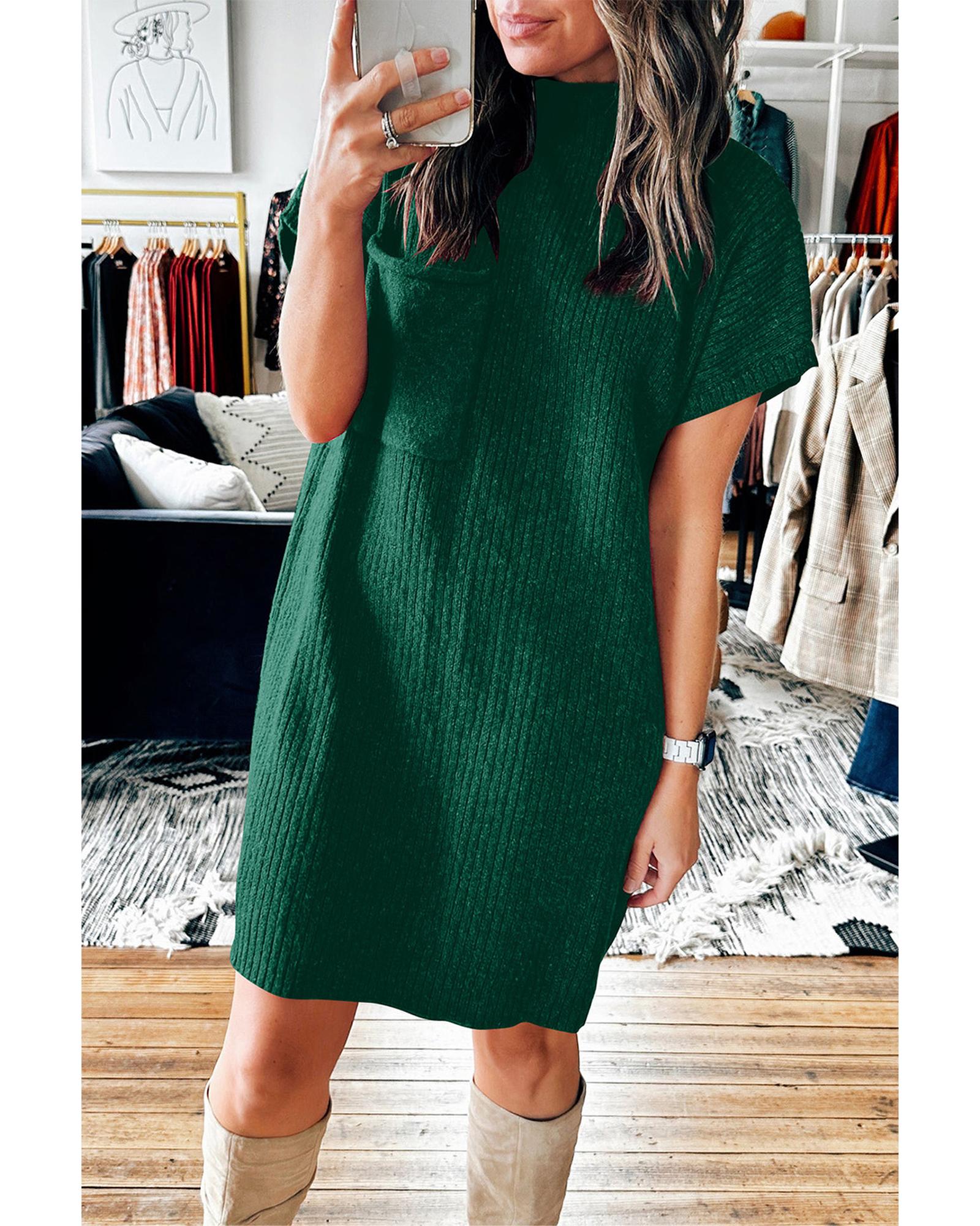 V539-AZEXDC273653-P309-L-202506140440-00 Blackish Green Patch Pocket Ribbed Knit Short Sleeve Sweater Dress - L - Image 1