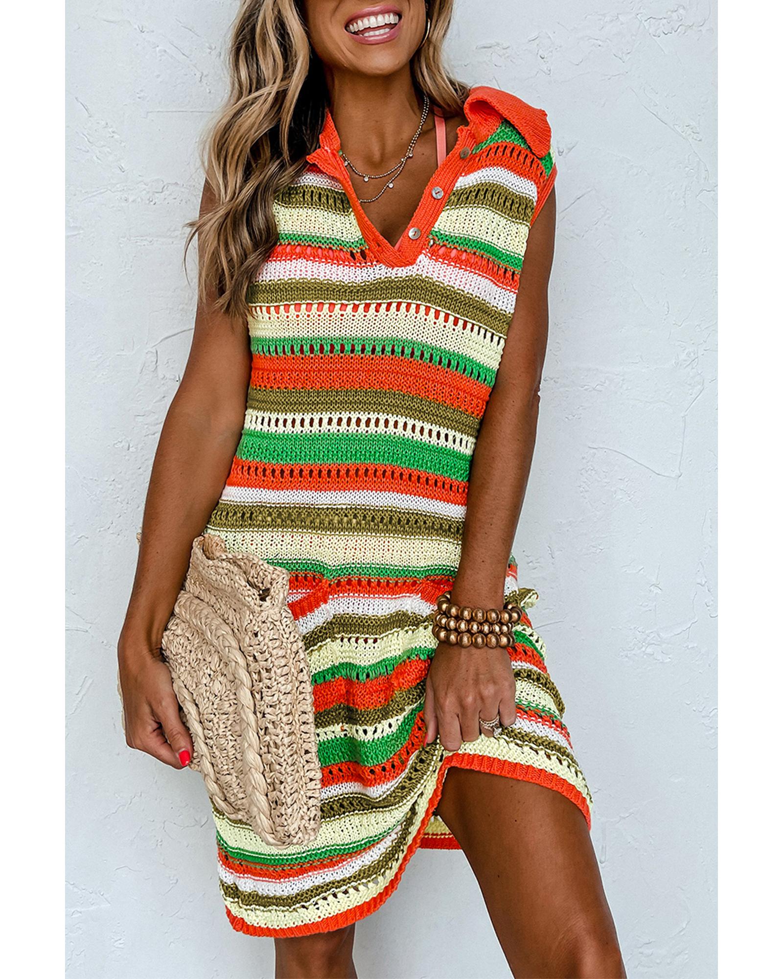 V539-AZEXDC273681-P719-S-202506140448-00 Yellow Stripe Eyelet Sleeveless Buttoned Split Neck Sweater Dress - S - Image 1