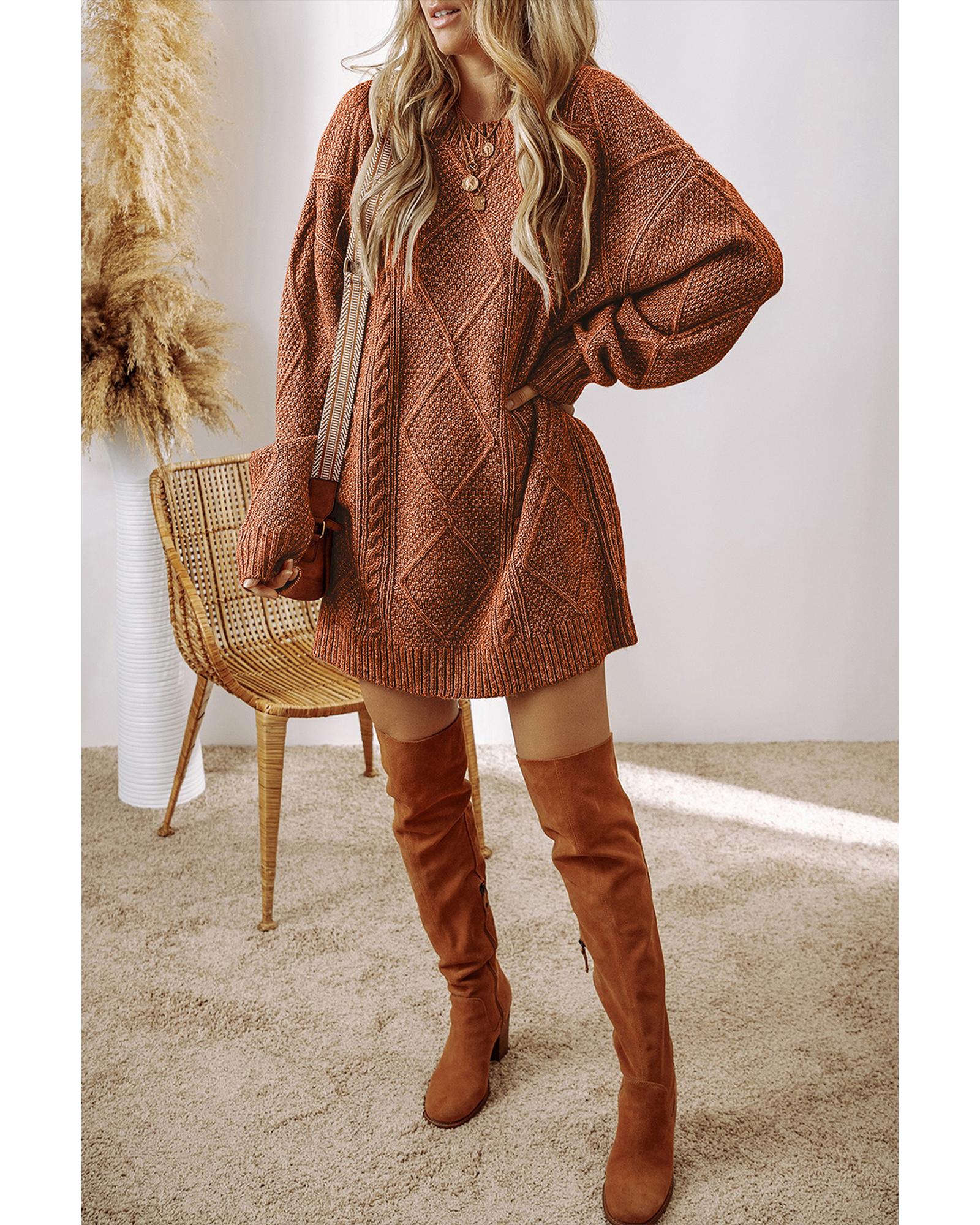 V539-AZEXDC273764-P1017-M-202508281250-00 Coffee Cable Knit Drop Shoulder Loose Fit Sweater Dress - M - Image 1