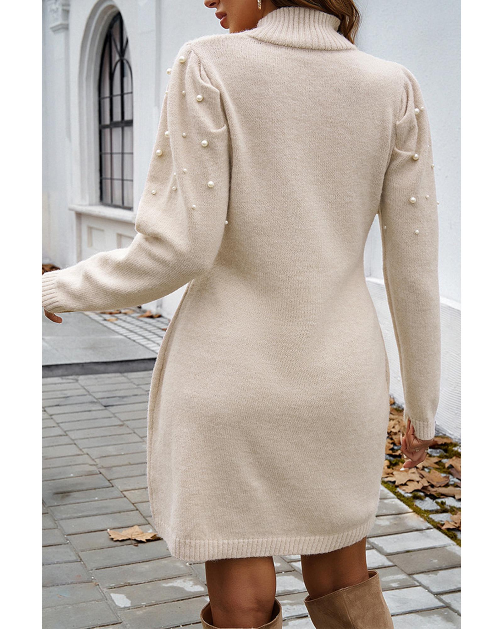 V539-AZEXDC273826-P6016-XL-202508291910-00 Parchment Pearl Beaded High Neck Bodycon Sweater Dress - XL - Image 1