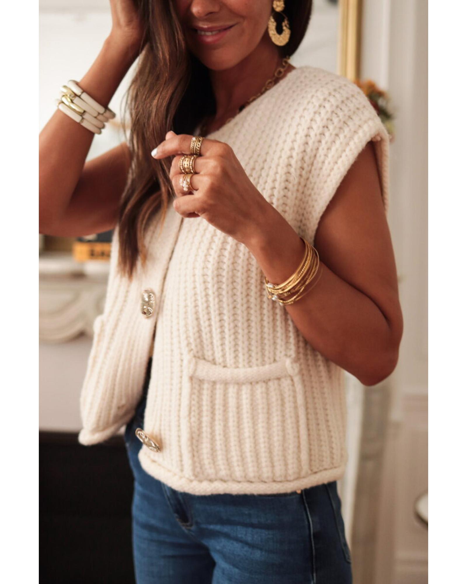 V539-AZEXDC274085-P101-XL-202508300410-00 White Solid Textured Knit Side Pockets Buttoned Sweater Vest - XL - Image 1