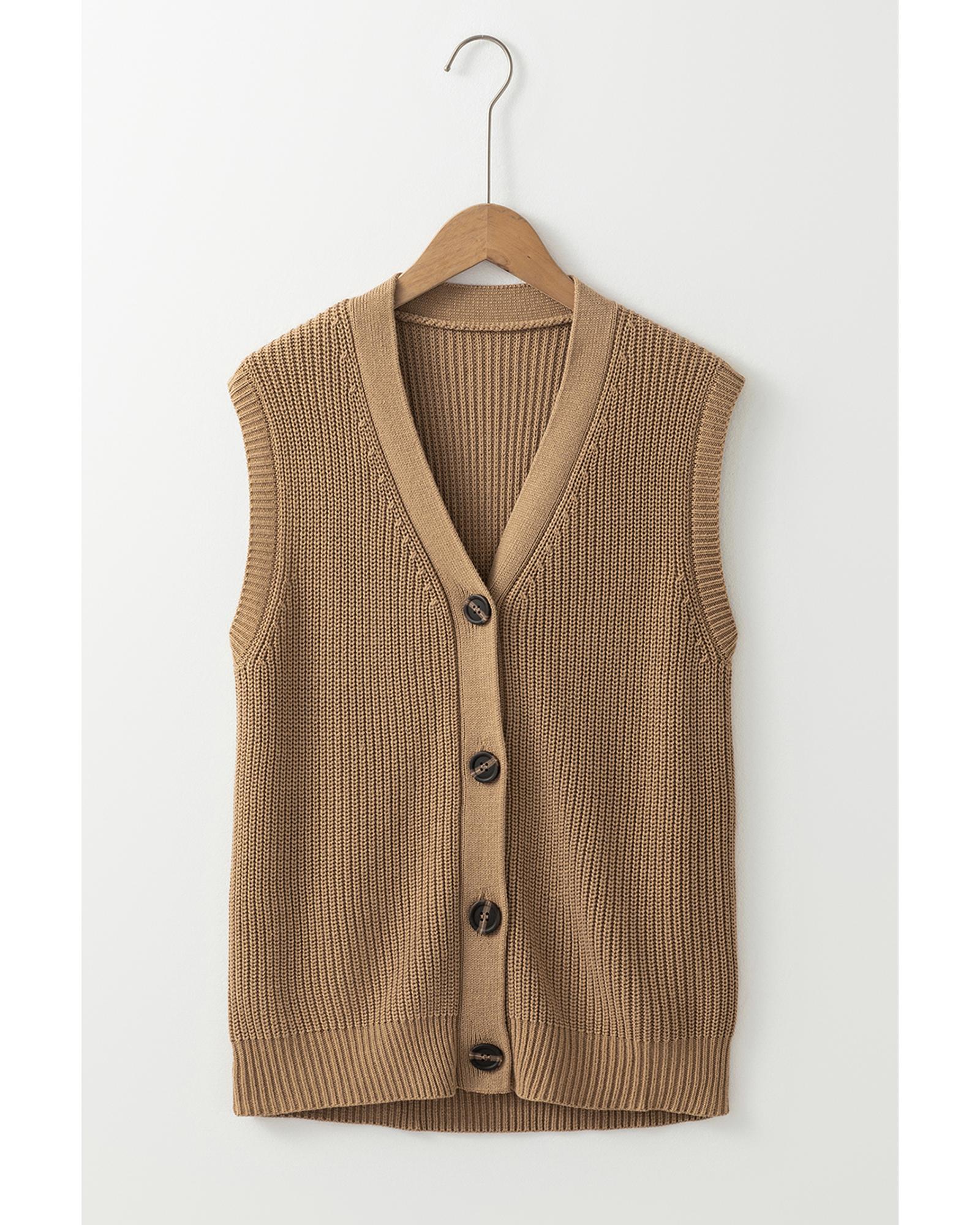 V539-AZEXDC274086-P6016-S-202506140601-00 Parchment V Neck Buttoned Front Sweater Vest - S - Image 1