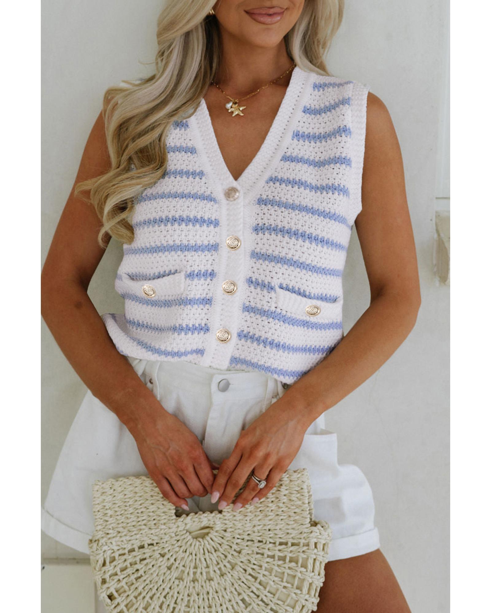 V539-AZEXDC274127-P419-L-202508280100-00 Sky Blue Stripe V Neck Gold Buttons Elegant Sweater Vest - L - Image 1
