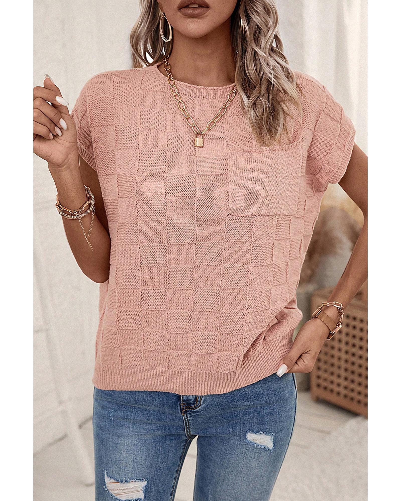 V539-AZEXDC276182-P9010-XL-202508281815-00 Dusty Pink Lattice Textured Knit Short Sleeve Sweater - XL - Image 1