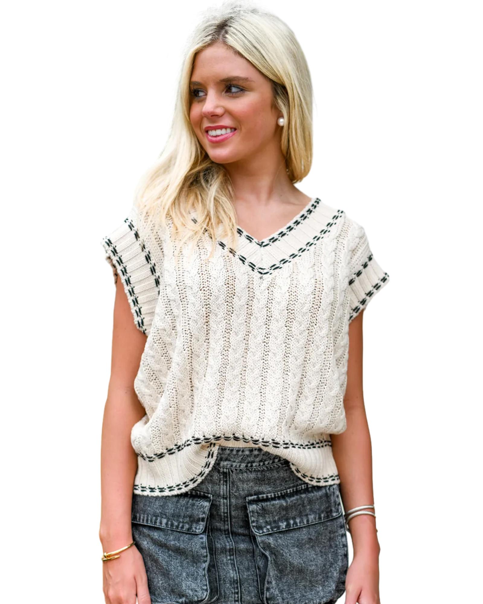 V539-AZEXDC276236-P1-XL-202508281445-00 White Contrast Trim V Neck Cable Knit Sweater Vest - XL - Image 1