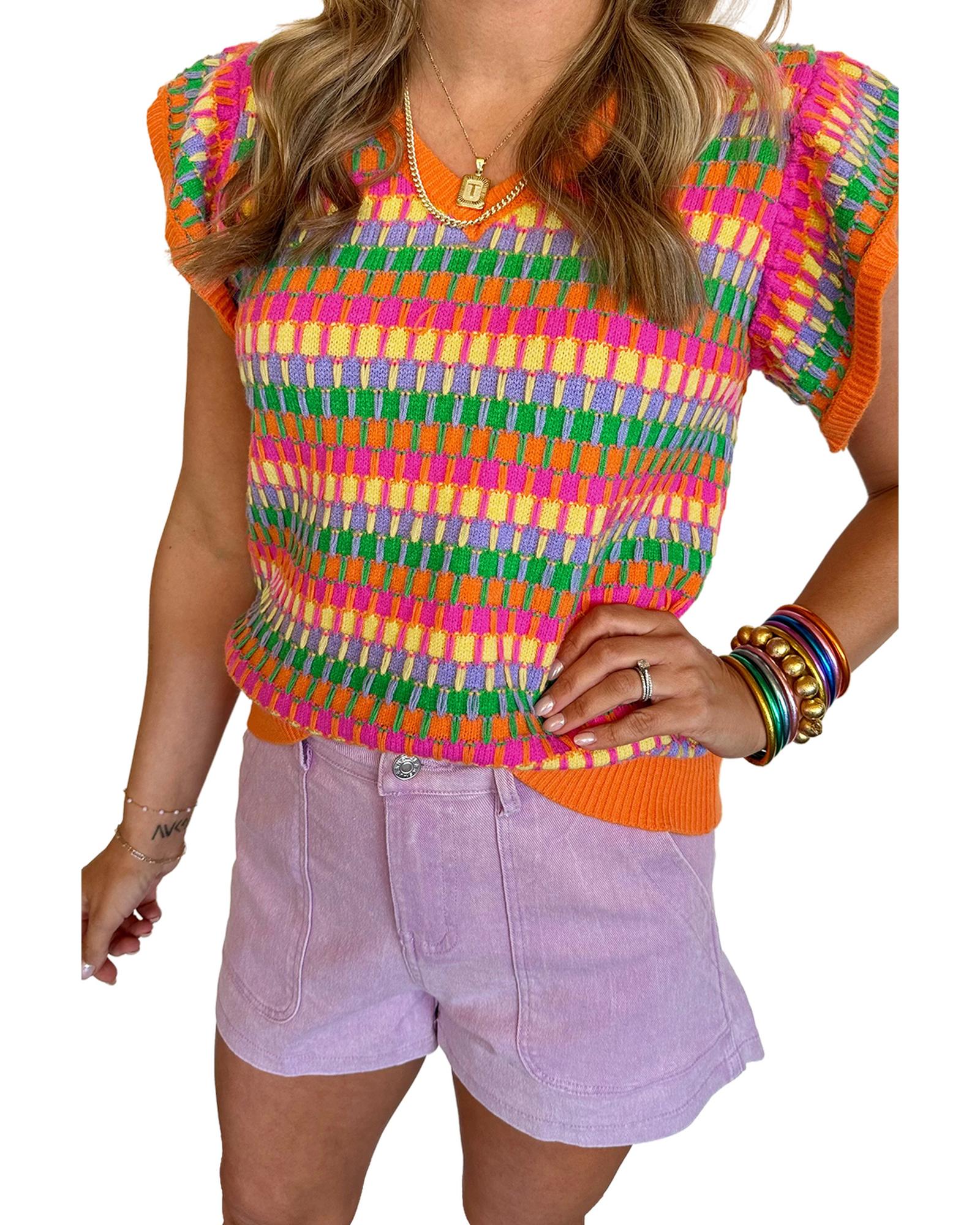 V539-AZEXDC276441-P1422-M-202508291810-00 Orange Multicolor Flutter Sleeve Knitted Sweater Top - M - Image 1