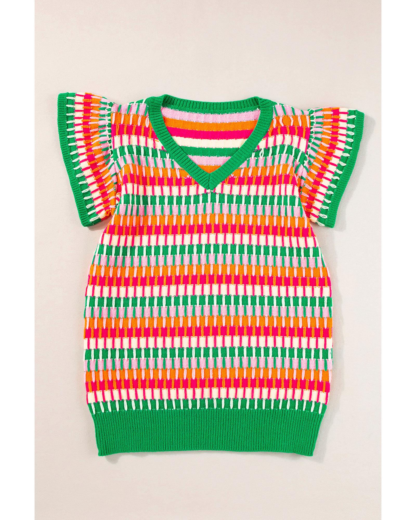 V539-AZEXDC276441-P922-L-202508300100-00 Green Multi Flutter Sleeve Knitted Sweater Top - L - Image 1