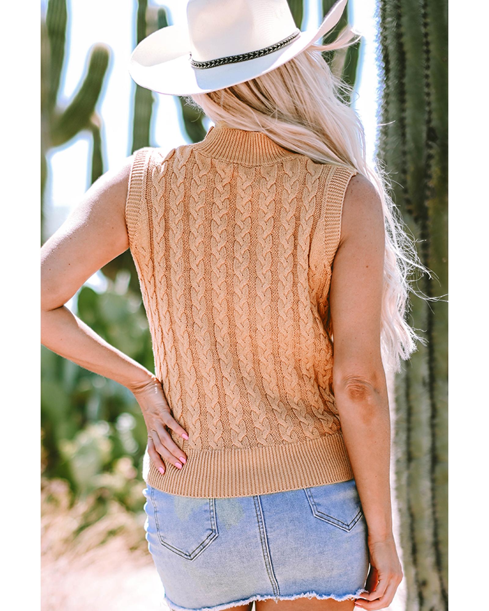 V539-AZEXDC276482-P4016-S-202506140442-00 Light French Beige Solid Color Cable Knit High Neck Tank Top - S - Image 1