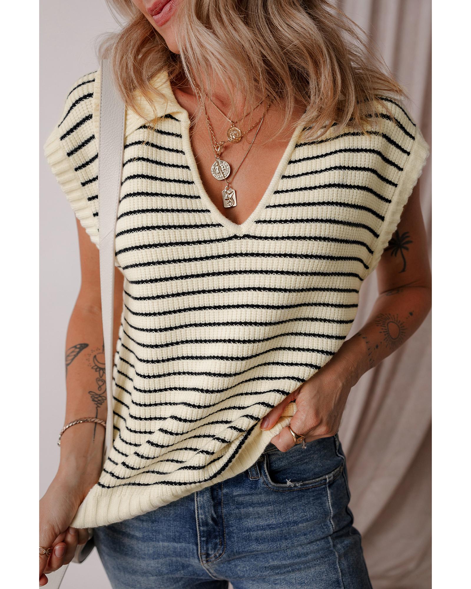V539-AZEXDC276529-P1519-XL-202508290100-00 Beige Stripe Turn-down V Neck Sweater Tank Top - XL - Image 1