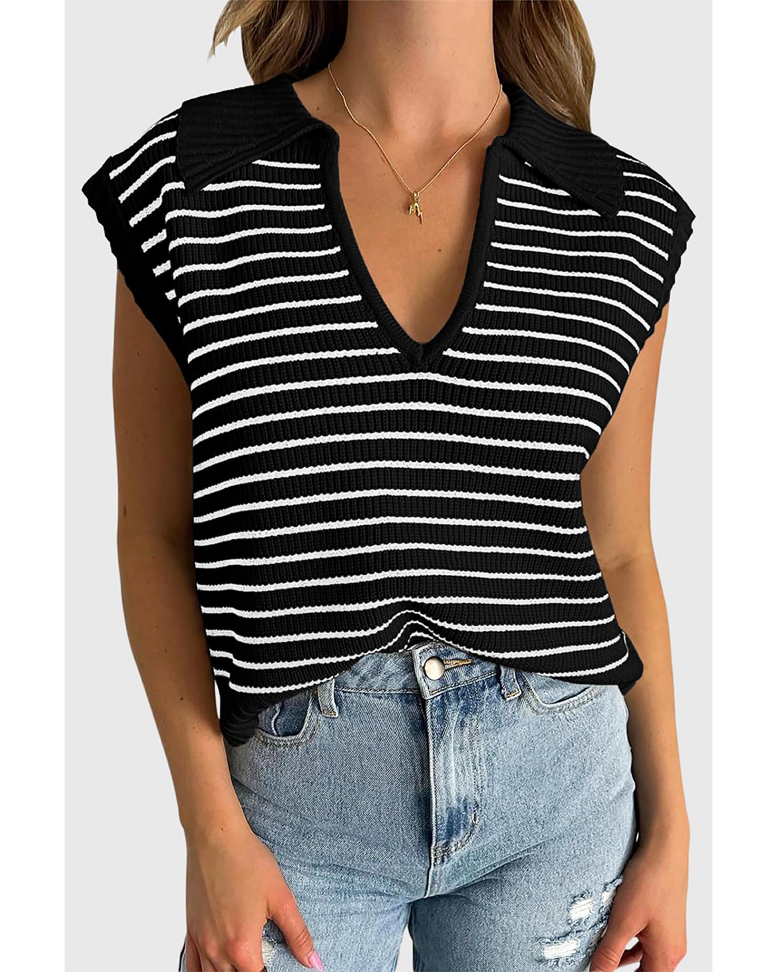 V539-AZEXDC276529-P219-XL-202508291700-00 Black Stripe Turn-down V Neck Sweater Tank Top - XL - Image 1