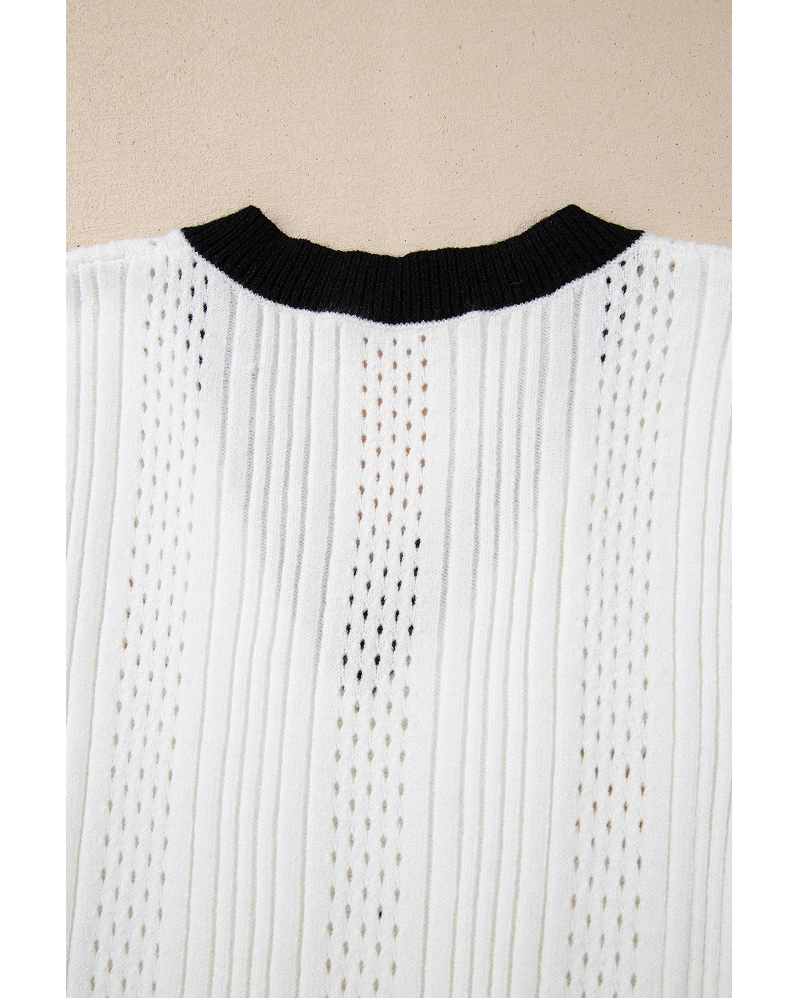 V539-AZEXDC276608-P1-XL-202508291915-00 White Contrast Trim Eyelet Knit Colorblock V Neck Sweater Vest - XL - Image 1