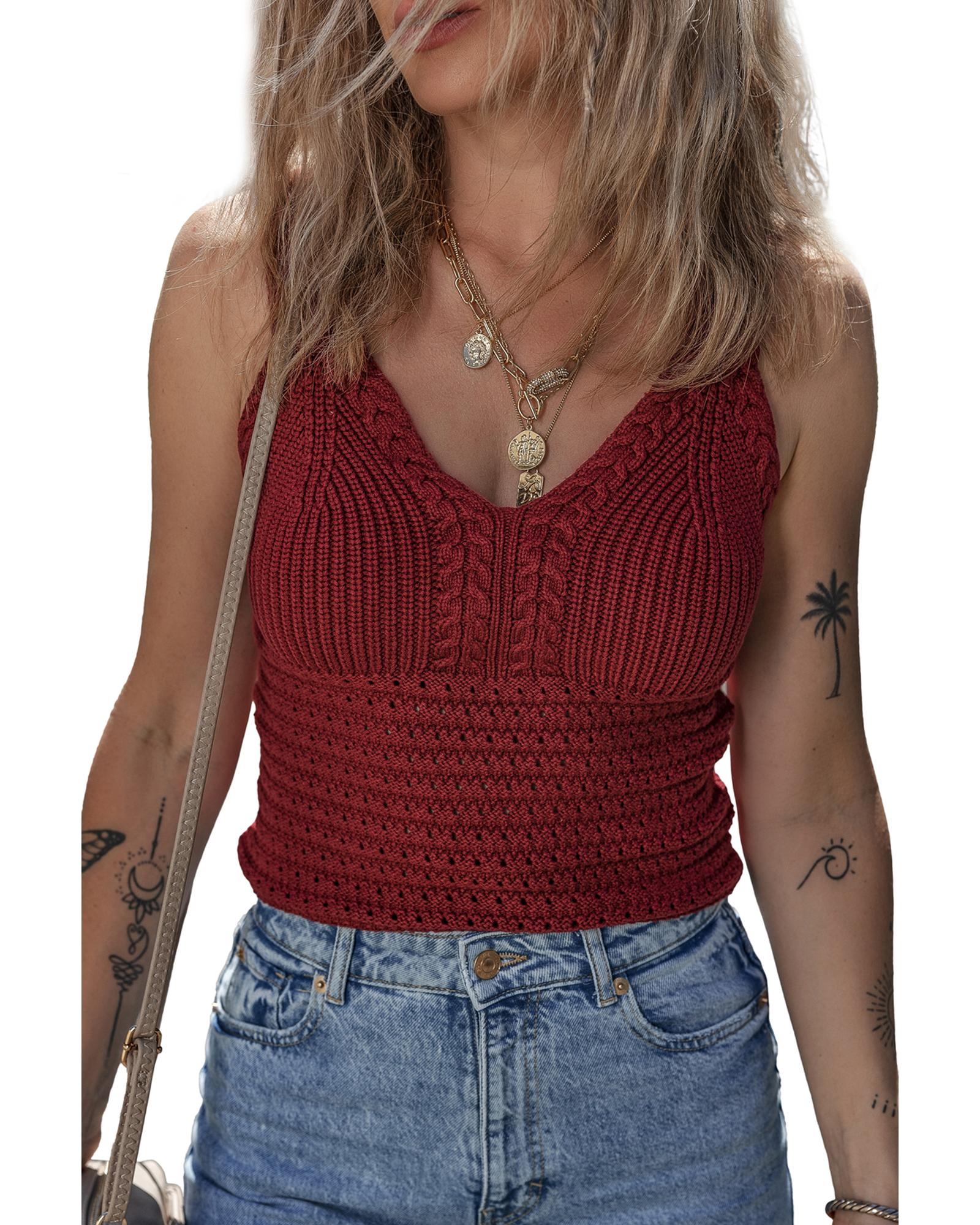 V539-AZEXDC276617-P503-S-202506140605-00 Burgundy Cable Knit Pointelle Slim Fit V Neck Sweater Vest - S - Image 1