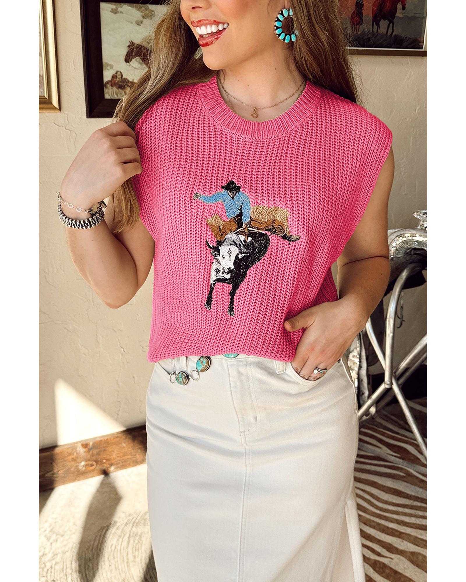 V539-AZEXDC276760-P106-S-202506140632-00 Bright Pink Western Cowboy Embroidery Round Neck Sleeveless Sweater - S - Image 1
