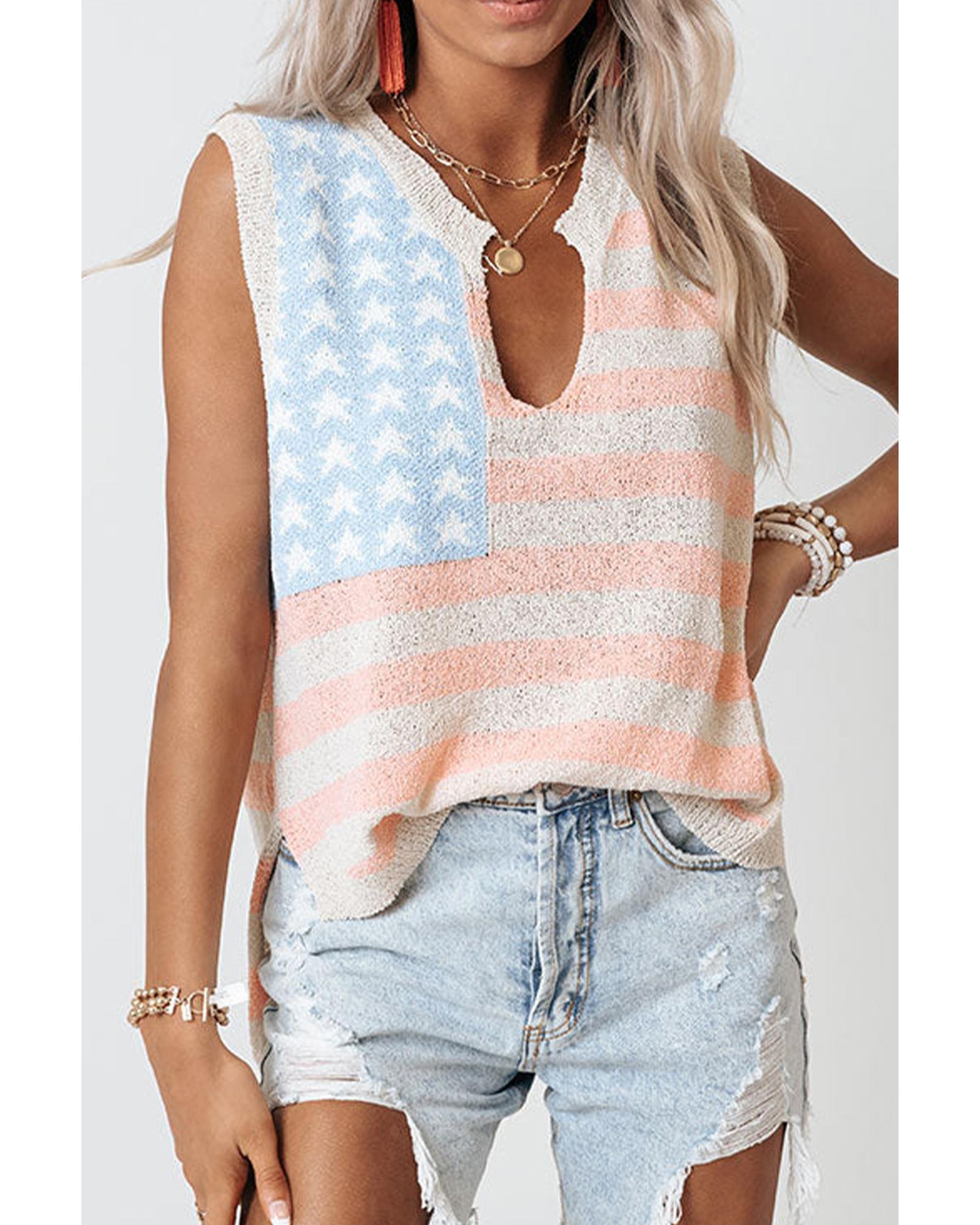 V539-AZEXDC276792-P1520-S-202506140241-00 Beige USA Flag Notched Neckline Loose Sweater Vest - S - Image 1