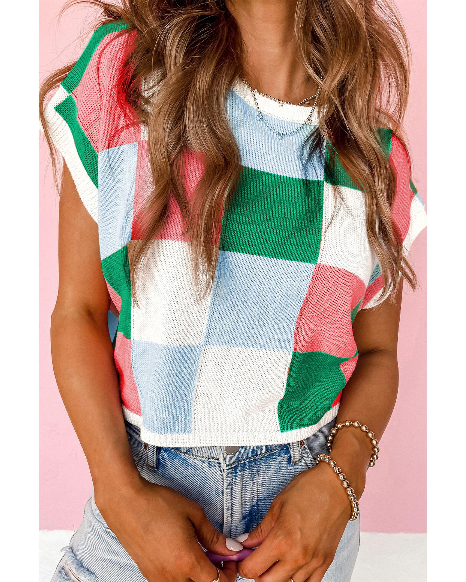 V539-AZEXDC277059-P209-L-202508290015-00 Dark Green Color Block Cap Sleeve Sweater - L - Image 1