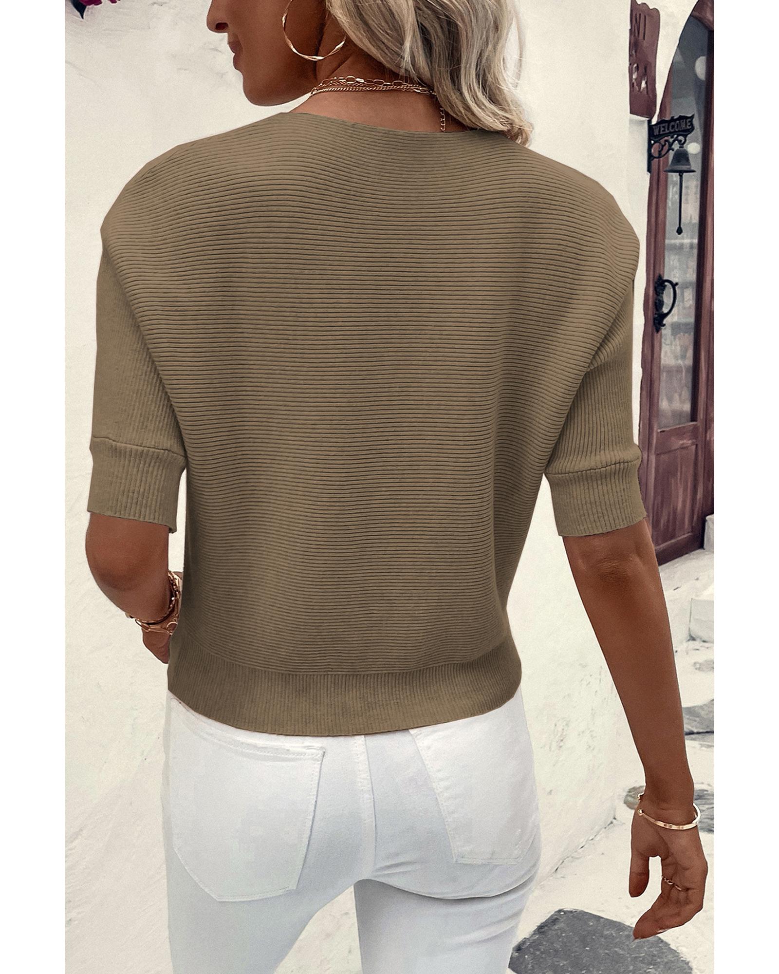 V539-AZEXDC277064-P1017-M-202508281420-00 Coffee Round Neck Half Sleeve Ribbed Knit Top - M - Image 1