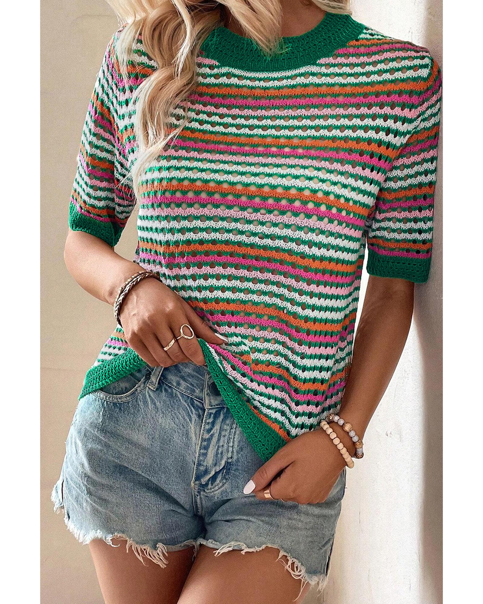 V539-AZEXDC277075-P209-S-202508291625-00 Dark Green Striped Pattern Contrast Trim Pointelle Knit T Shirt - S - Image 1