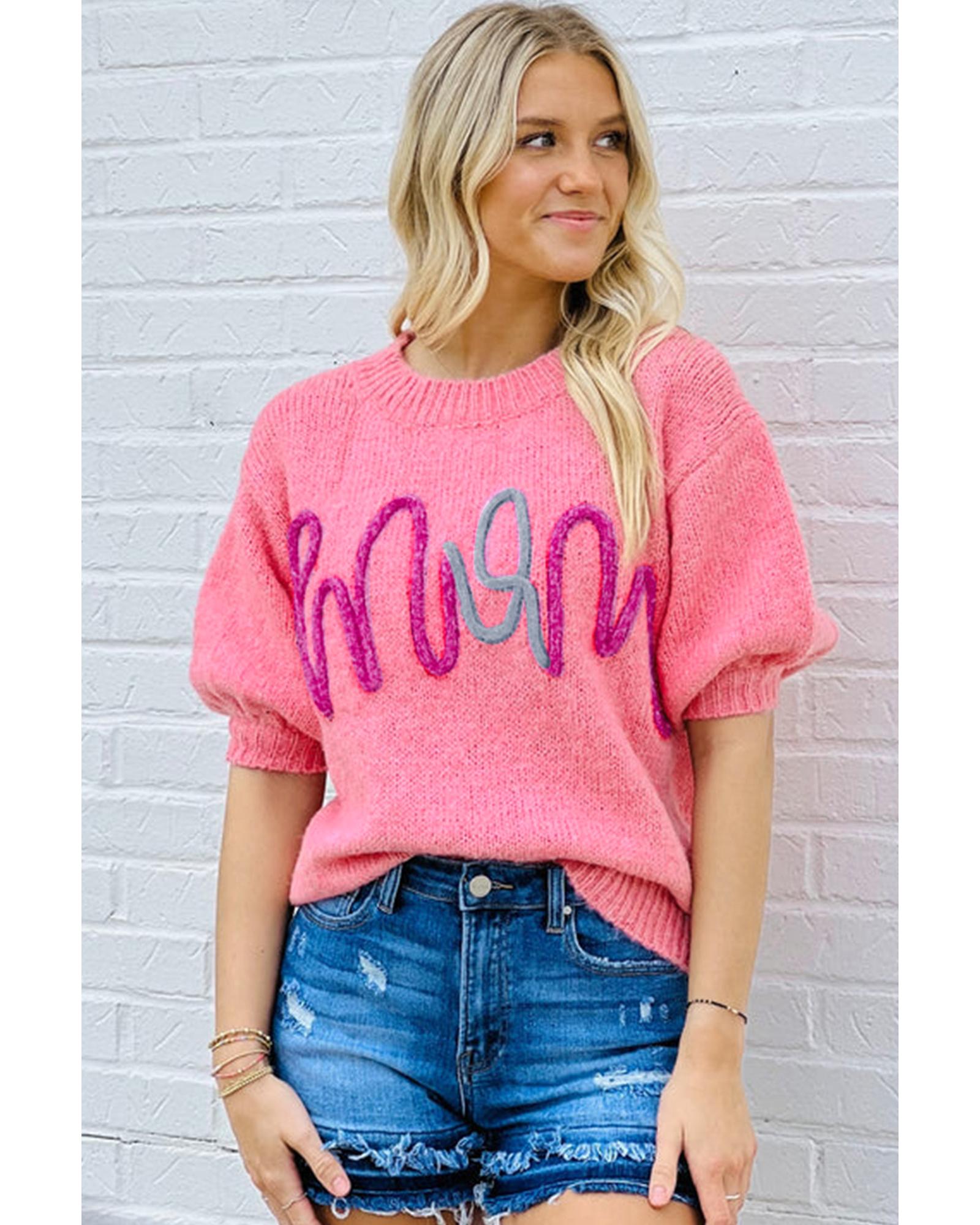 V539-AZEXDC277085-P3010-S-202506140345-00 Bonbon Mom Tinsel Front Short Sleeve Sweater - S - Image 1