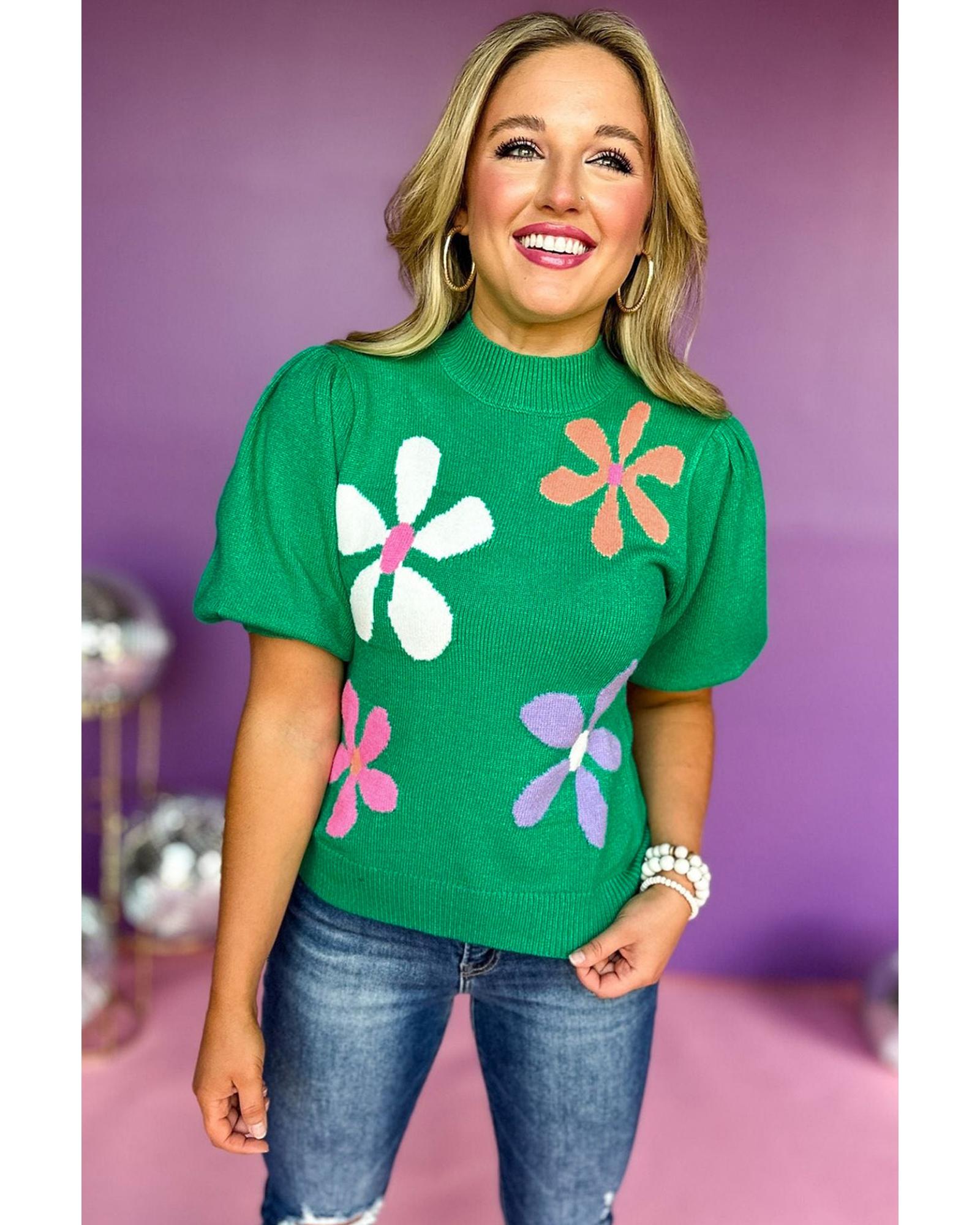 V539-AZEXDC277118-P109-M-202508282315-00 Bright Green Floral Bubble Short Sleeve Sweater - M - Image 1