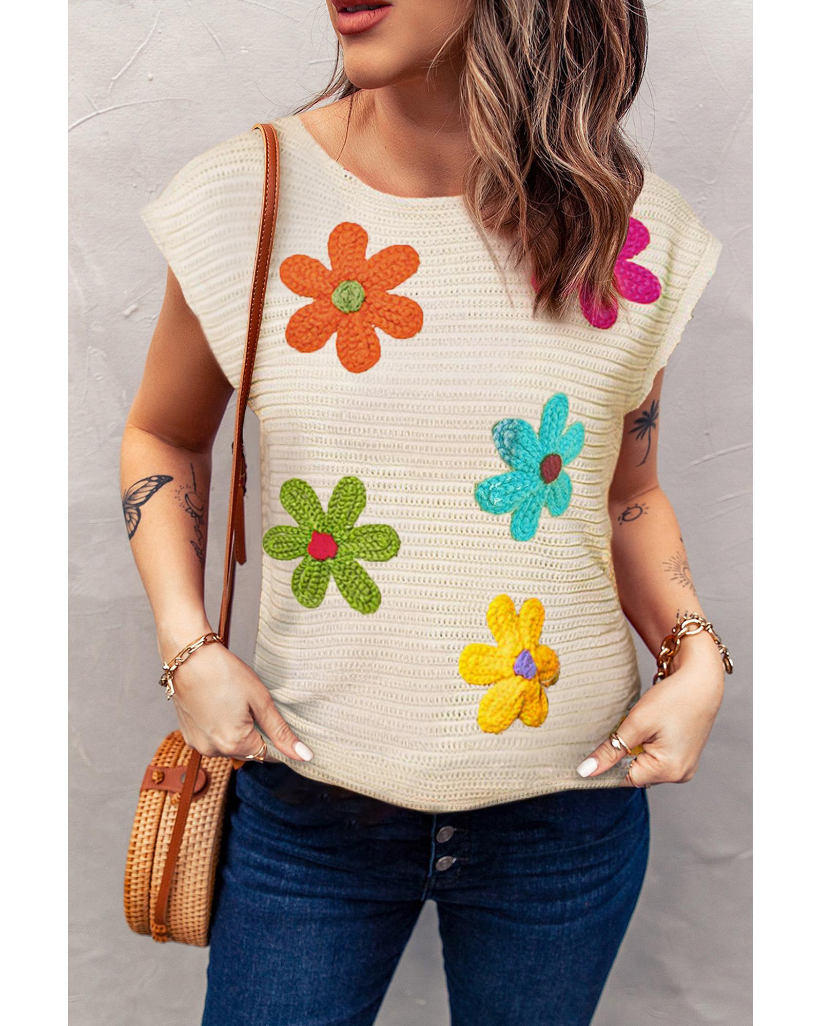 V539-AZEXDC277168-P1-M-202508280820-00 White Flower Crochet Round Neck Knitted Top - M - Image 1