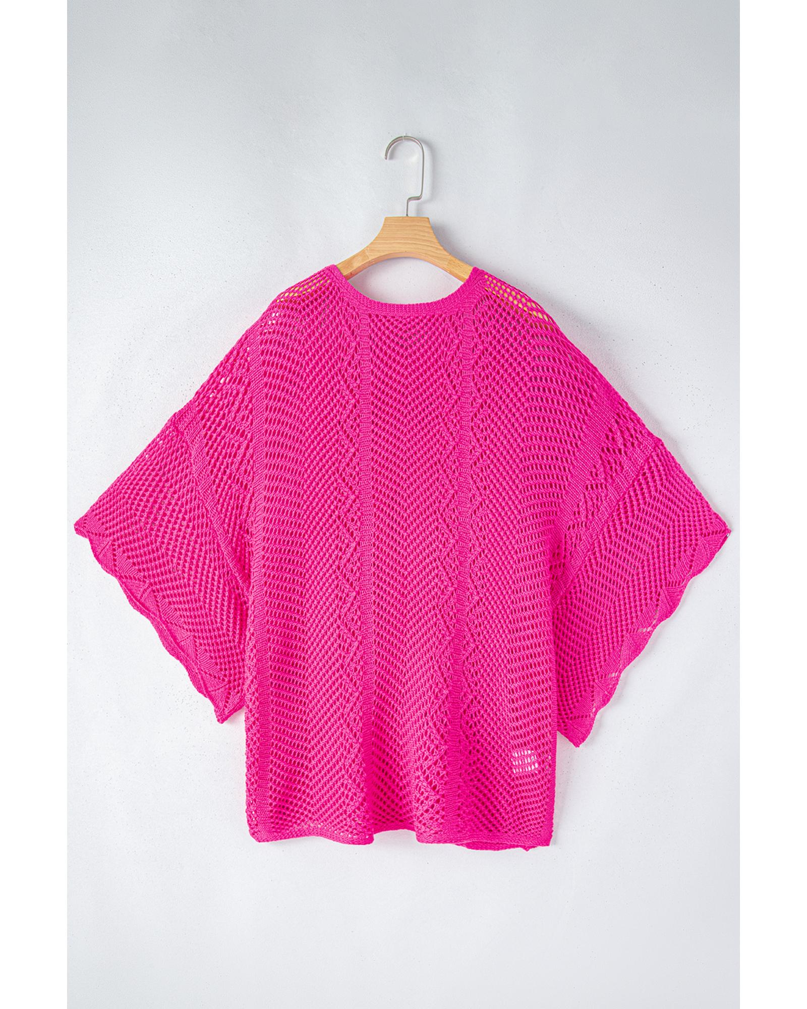 V539-AZEXDC277224-P6-S-202508291915-00 Rose Red Pointelle Knit Scallop Edge Short Sleeve Top - S - Image 1