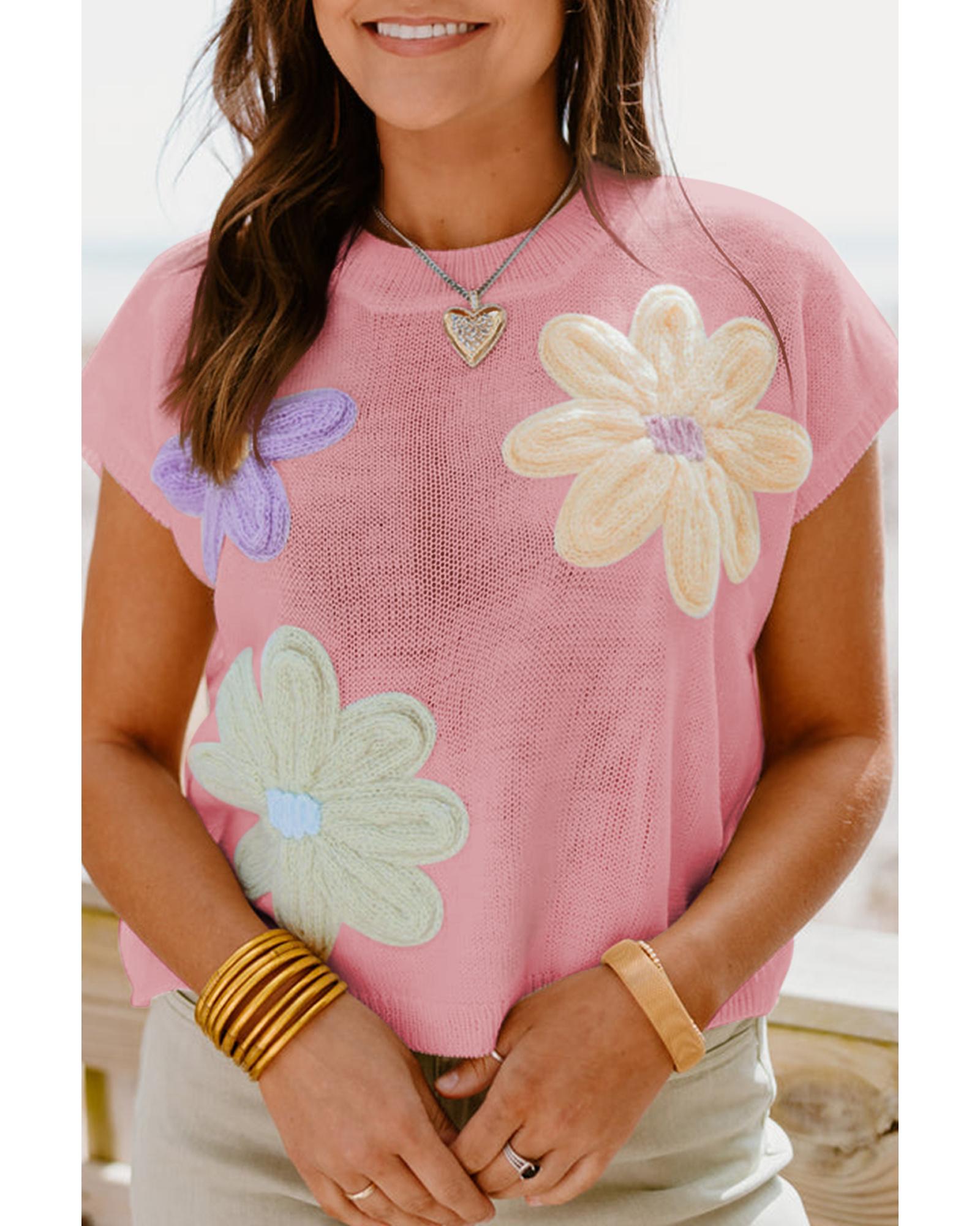 V539-AZEXDC277279-P10-L-202508280545-00 Pink Multi Crochet Flower Knit Short Sleeve Sweater Top - L - Image 1