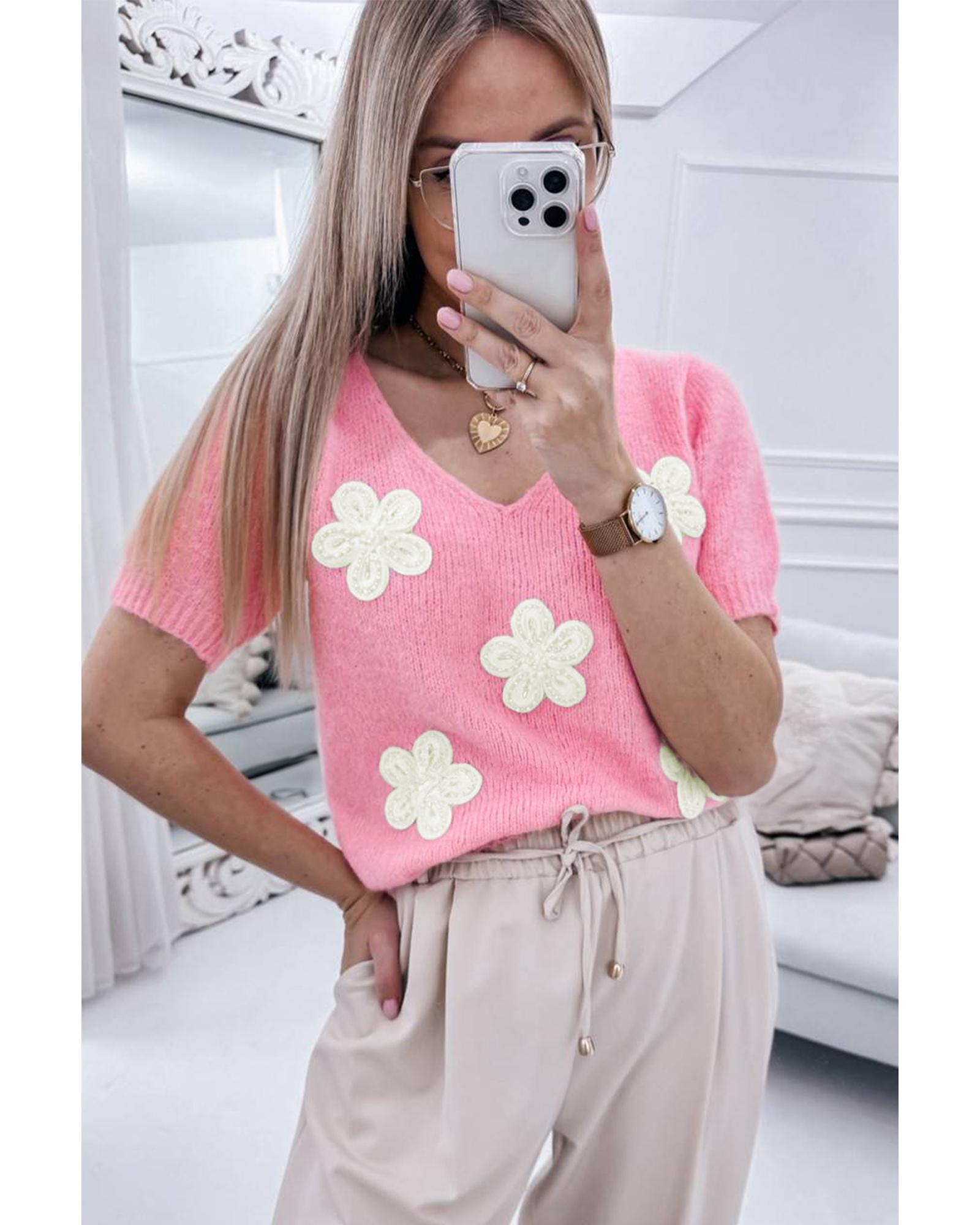 V539-AZEXDC277321-P10-L-202508300140-00 Pink Flower Crochet V Neck Short Sleeve Sweater - L - Image 1