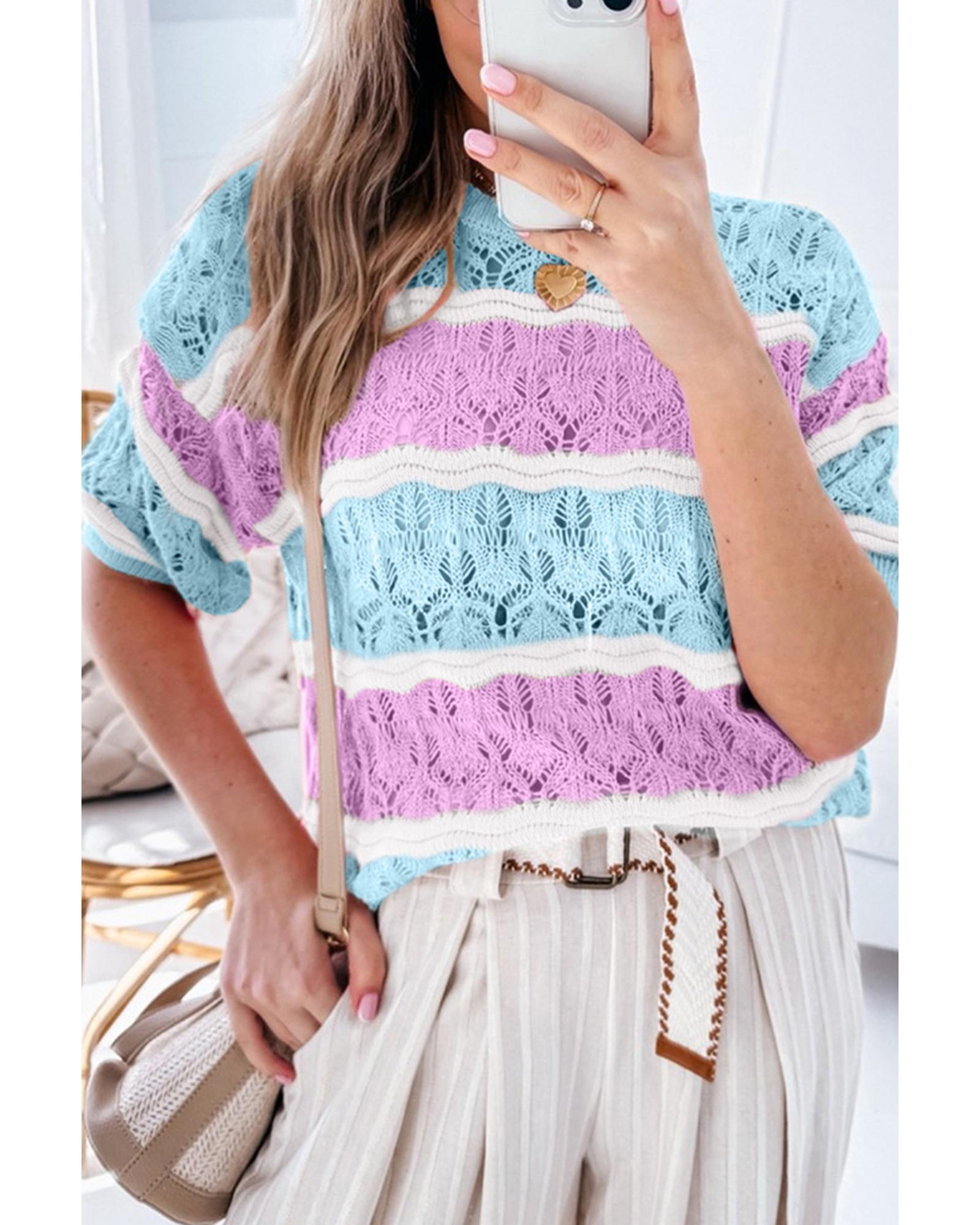 V539-AZEXDC277343-P819-XL-202508281050-00 Purple Stripe Color Block Hollow Out Crochet Half Sleeve Sweater - XL - Image 1