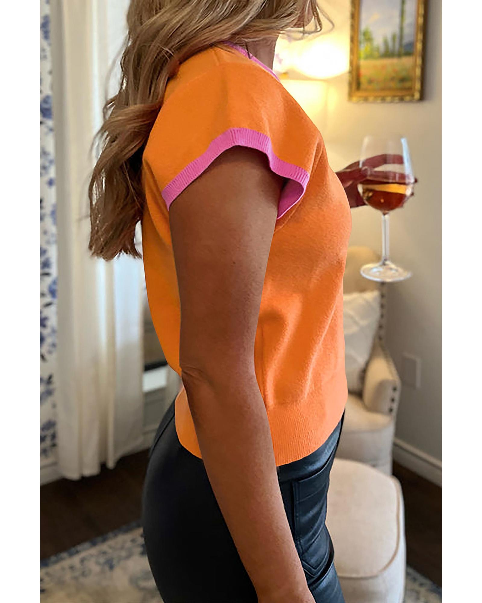 V539-AZEXDC277398-P9014-L-202508300655-00 Flamingo 2-tone Color Block Knit Cap Sleeve Sweater Top - L - Image 1