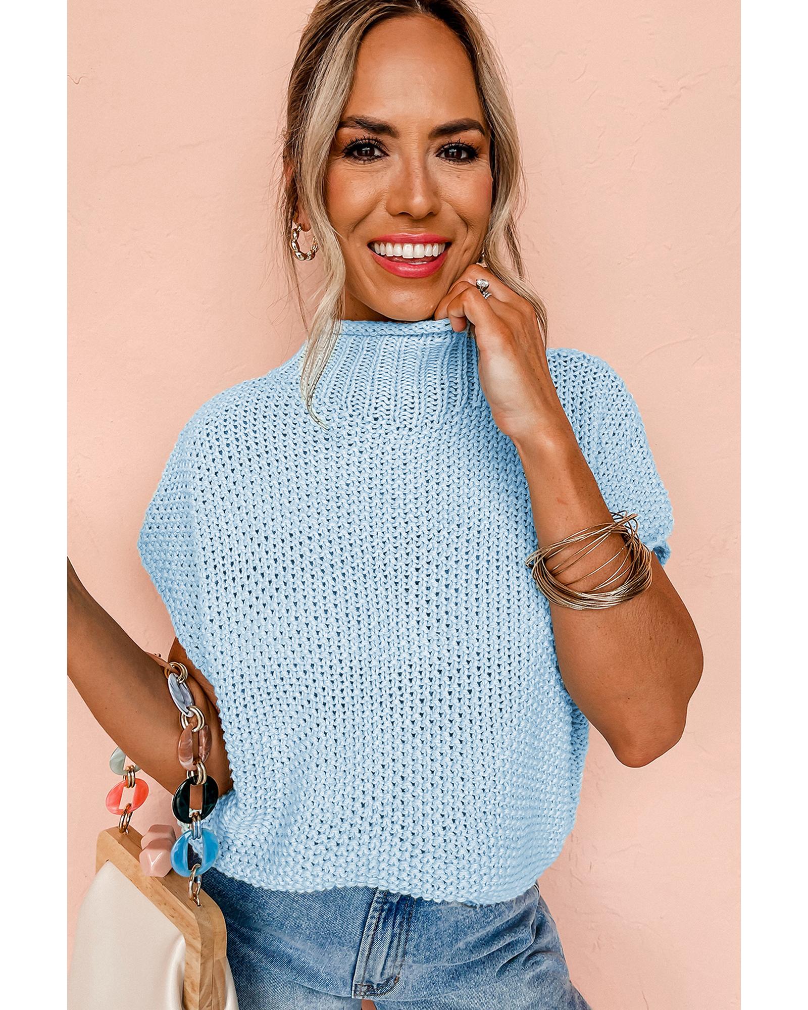 V539-AZEXDC277419-P104-XL-202508280720-00 Iceland Blue High Neck Bat Short Sleeve Sweater - XL - Image 1