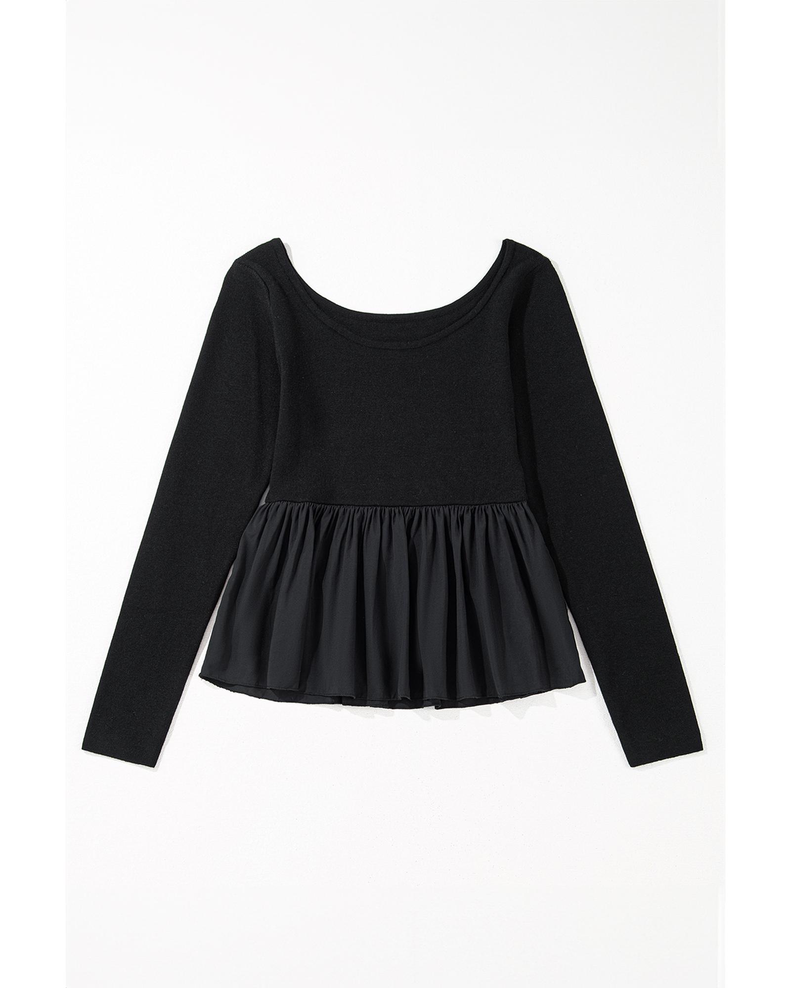 V539-AZEXDC277486-P2-S-202506141040-00 Black Ribbed Knit Long Sleeve Scoop Neck Peplum Patchwork Top - S - Image 1