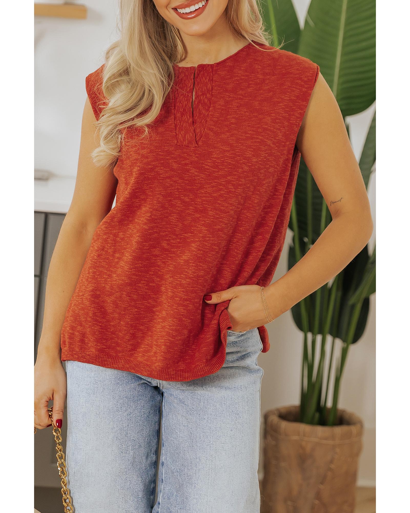 V539-AZEXDC277562-P14-S-202506140721-00 Orange Solid Color Split V Neck Short Sleeve Sweater - S - Image 1