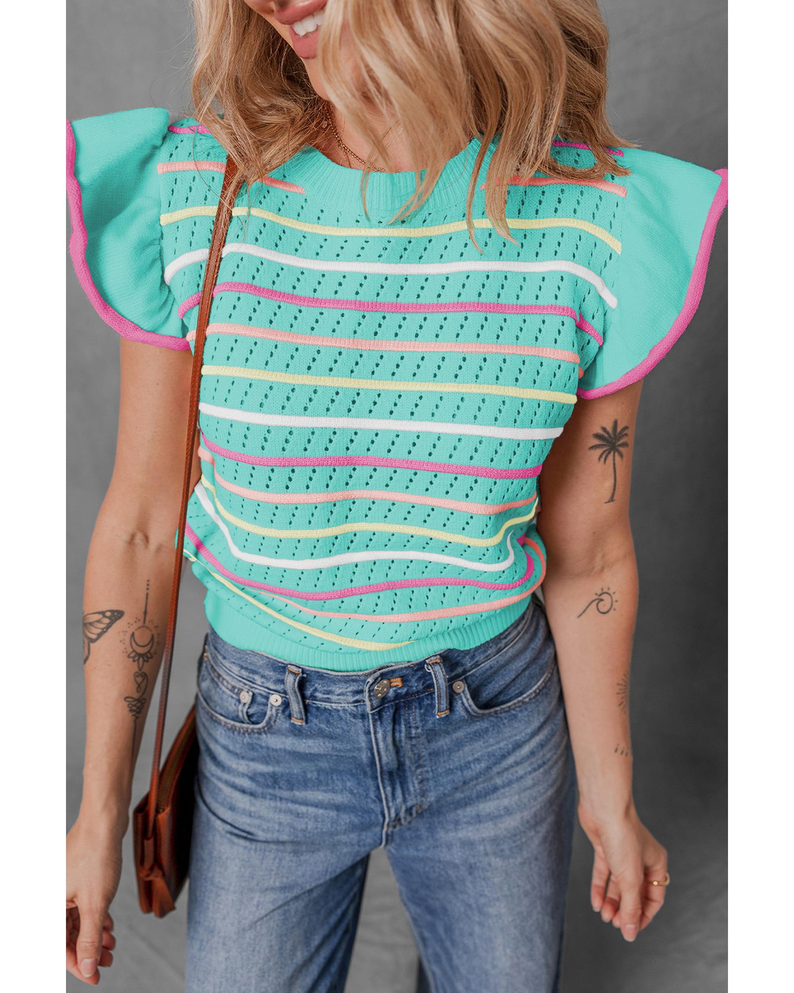 V539-AZEXDC277710-P922-S-202508280600-00 Green Colorful Striped Eyelet Knit Ruffled Sleeve Sweater T Shirt - S - Image 1