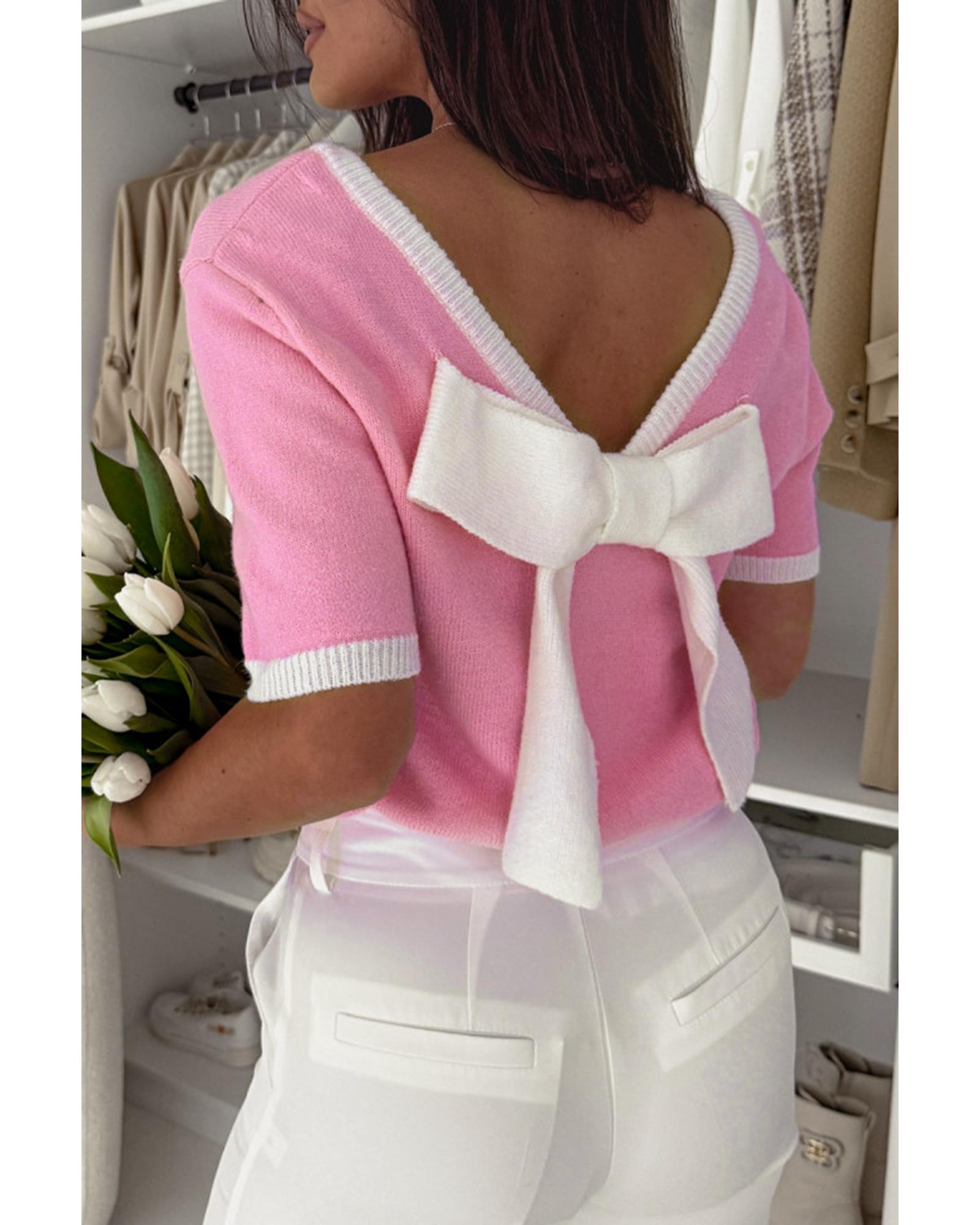 V539-AZEXDC277855-P3010-L-202508300305-00 Bonbon Colorblock Bow V-Shape Cut Back Short Sleeve Sweater - L - Image 1