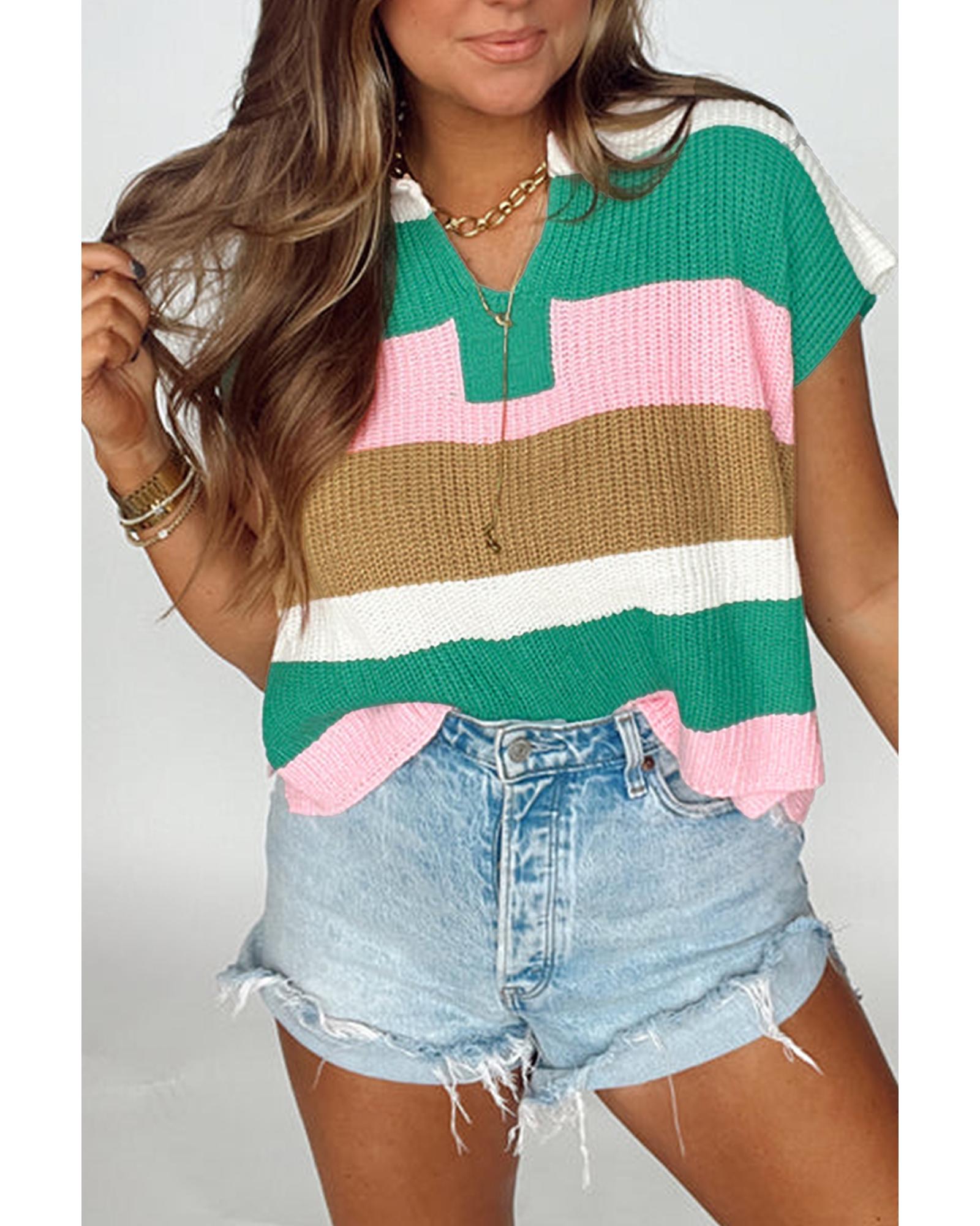 V539-AZEXDC277874-P22-M-202508280806-00 Multicolour Color Block Notch V Neck Sweater T Shirt - M - Image 1