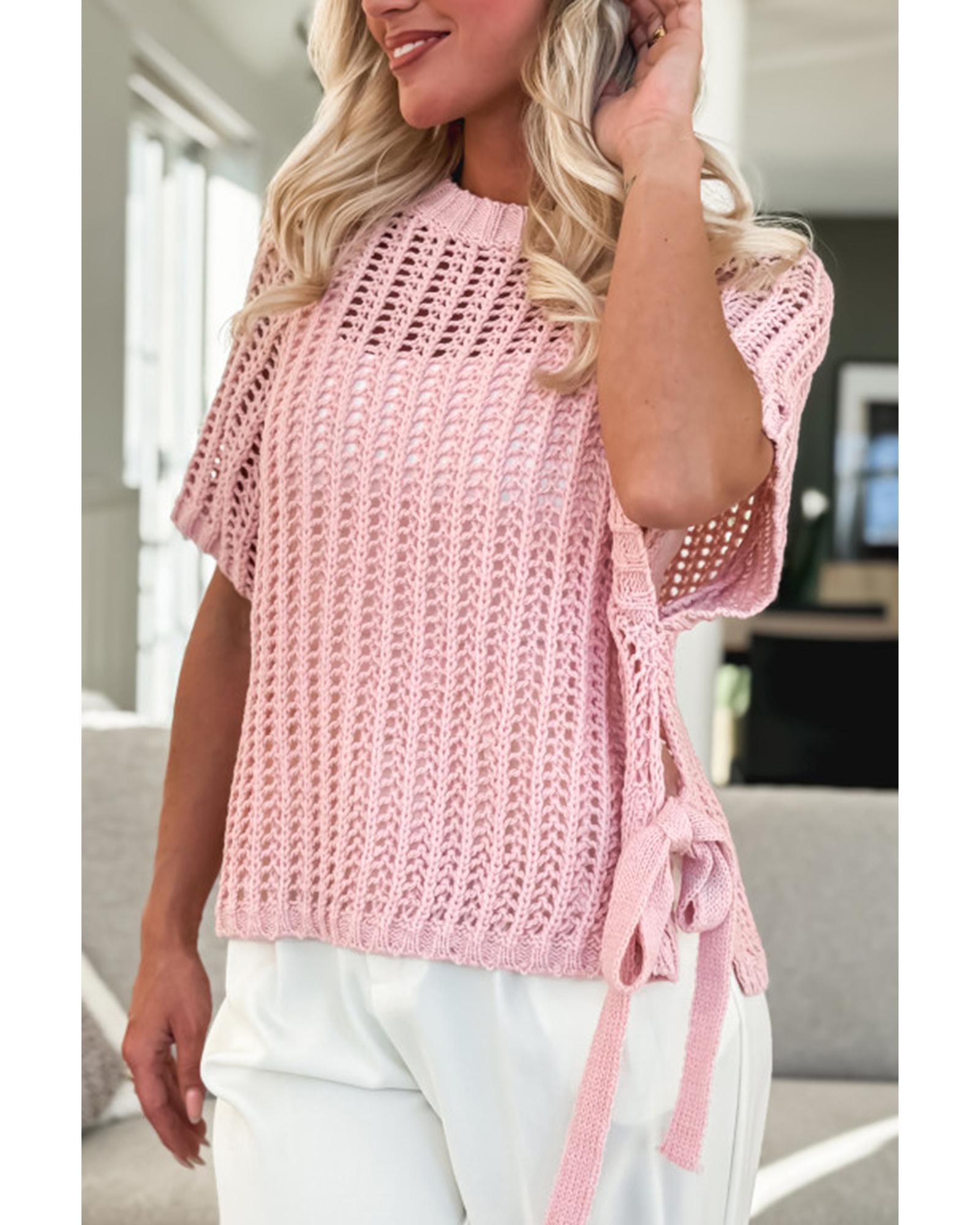 V539-AZEXDC277897-P10-L-202508291325-00 Pink Hollow-out Crochet Side Tied Short Sleeve Sweater - L - Image 1